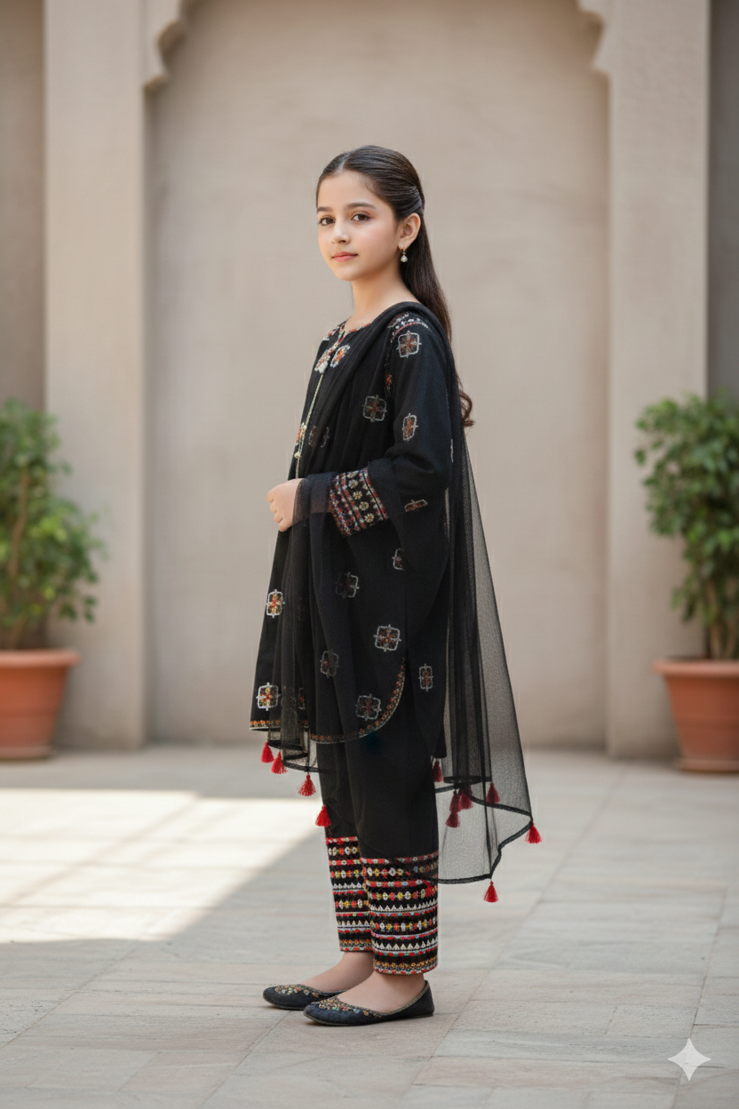 Girls Black Cotton Sequin Embroidered Ethnic Suit with Net Dupatta – Festive & Party Wear