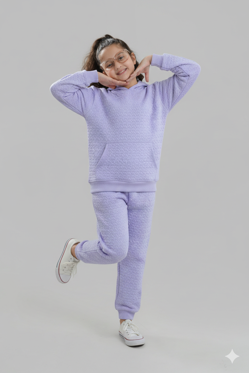 Kids Quilted Lilac Tracksuit | 2-Piece Hoodie & Jogger Set | Winter Cotton Outfit