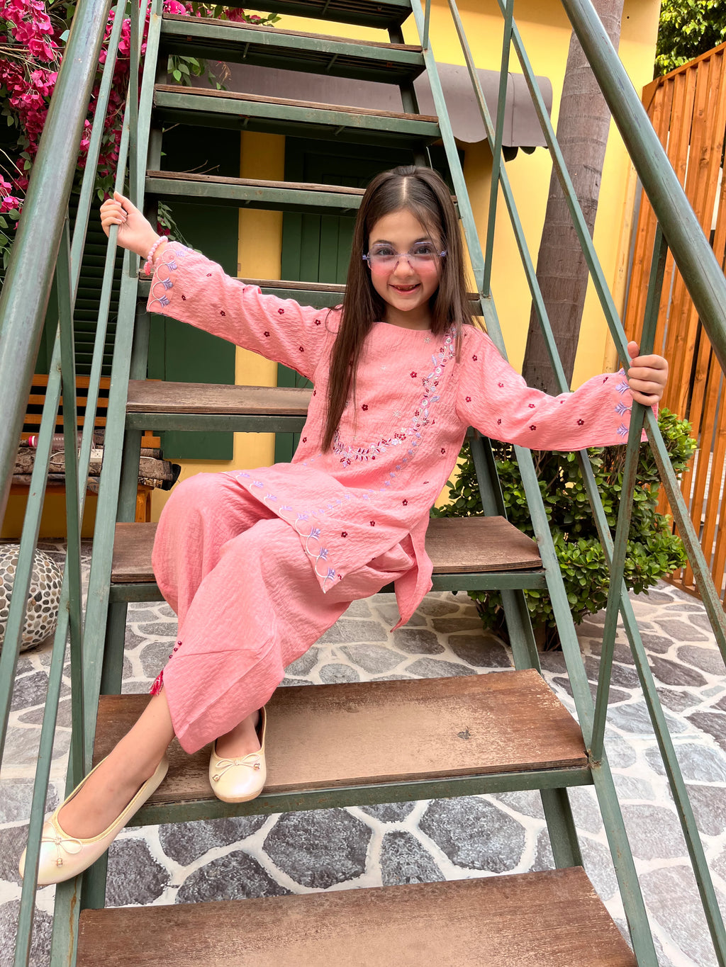 Girls Pink Embroidered 2 – Dobby Cotton Piece Kids Eastern Wear