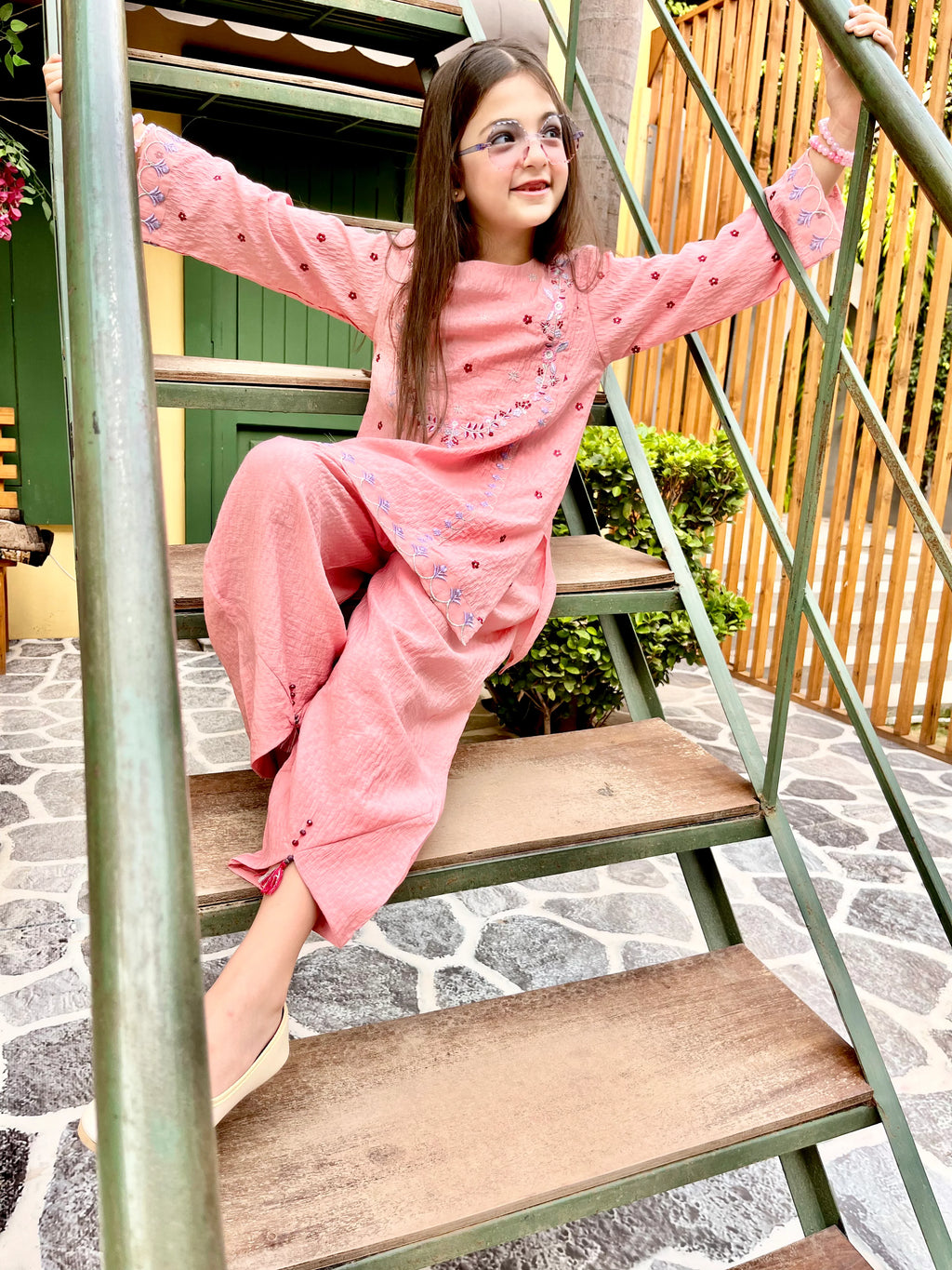 Girls Pink Embroidered 2 – Dobby Cotton Piece Kids Eastern Wear
