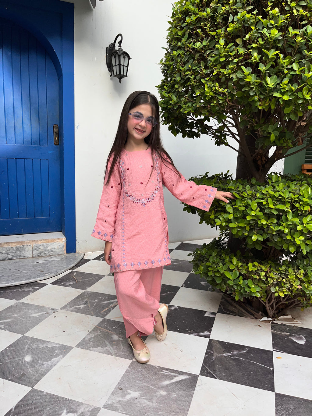 Girls Pink Embroidered 2 – Dobby Cotton Piece Kids Eastern Wear
