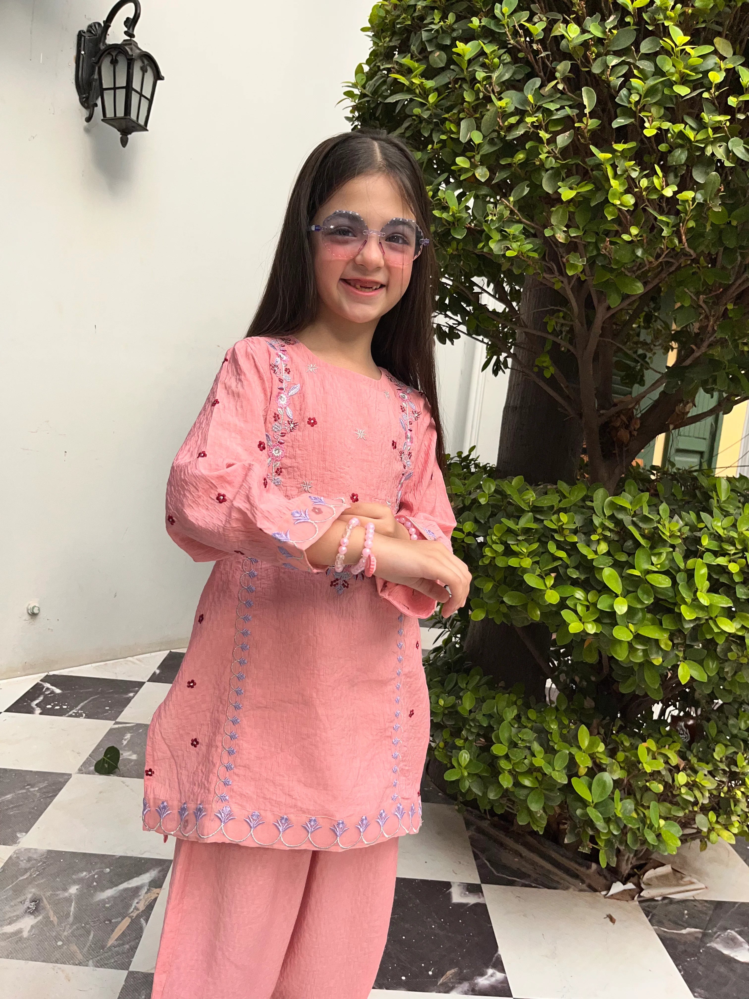 Girls Pink Embroidered 2 – Dobby Cotton Piece Kids Eastern Wear