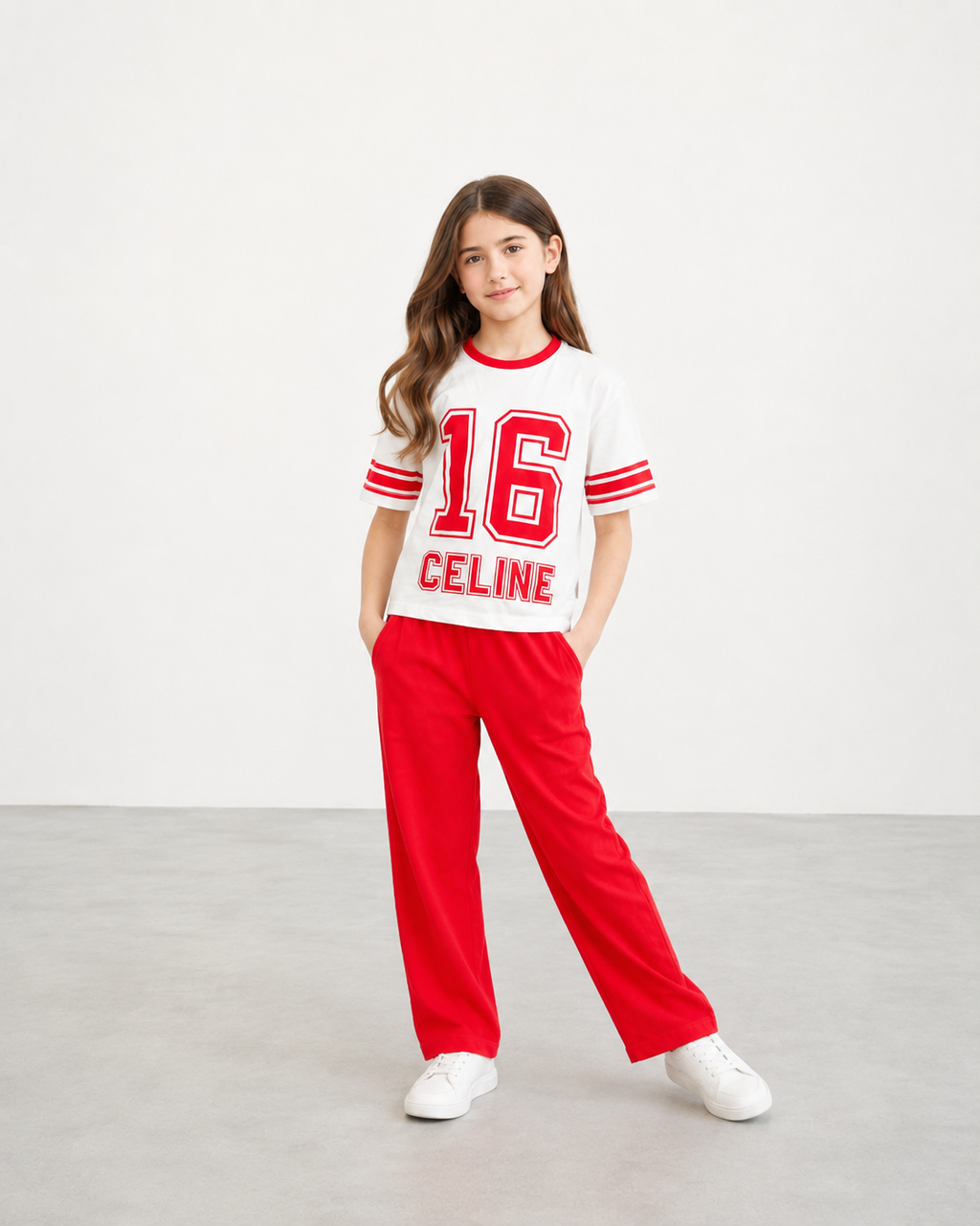 Girls Red & White Graphic Co-Ord Set – Kids Summer T-Shirt & Pants Outfit