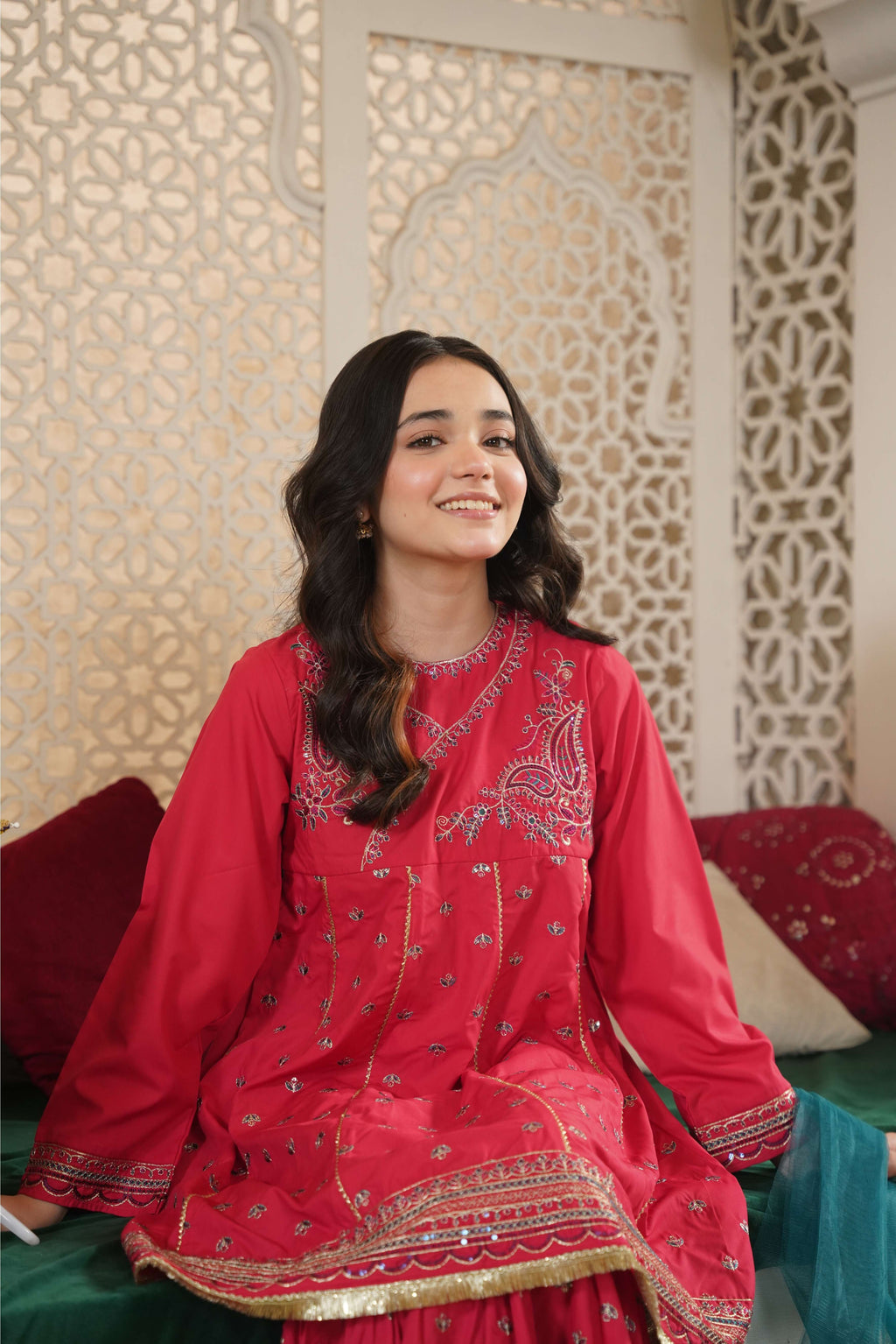 Girls Pink Cotton Embroidered Ethnic Suit with Net Dupatta – Festive & Party Wear
