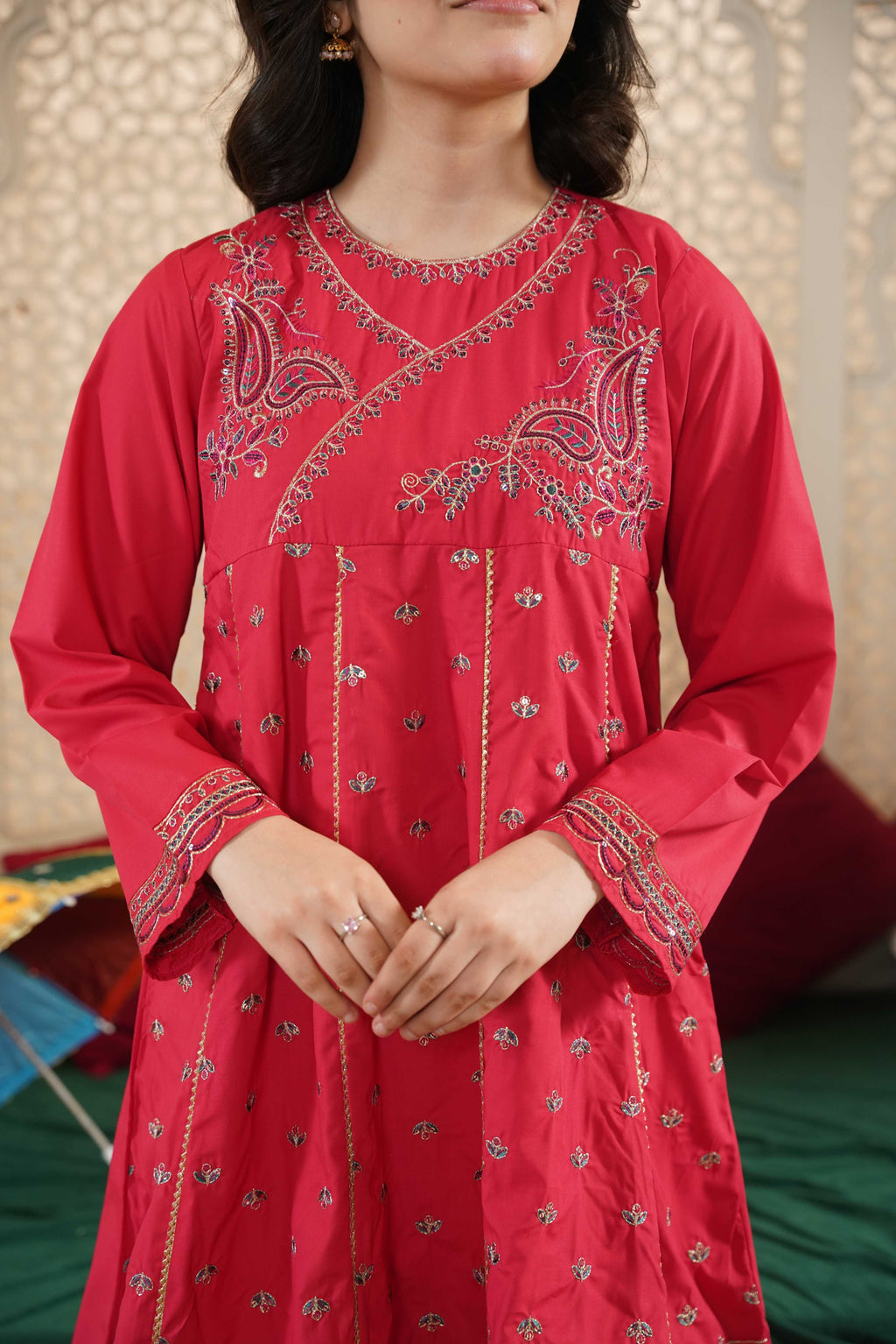 Girls Pink Cotton Embroidered Ethnic Suit with Net Dupatta – Festive & Party Wear