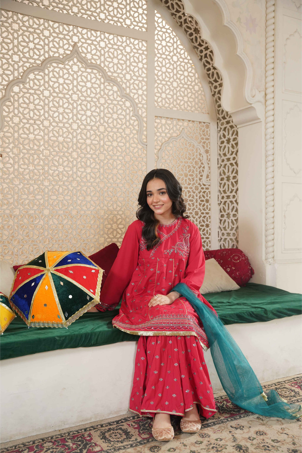 Girls Pink Cotton Embroidered Ethnic Suit with Net Dupatta – Festive & Party Wear