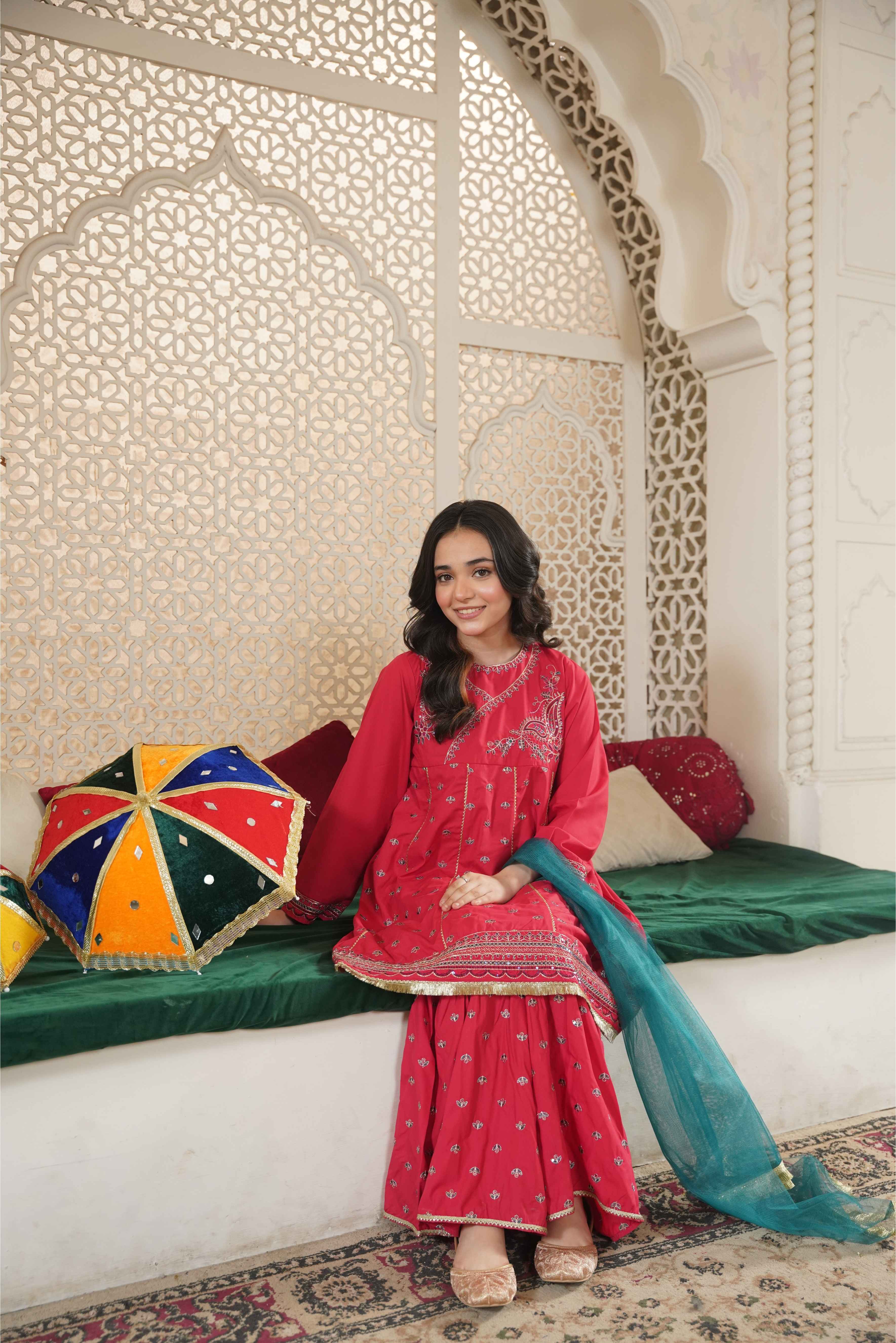 Girls Pink Cotton Embroidered Ethnic Suit with Net Dupatta – Festive & Party Wear