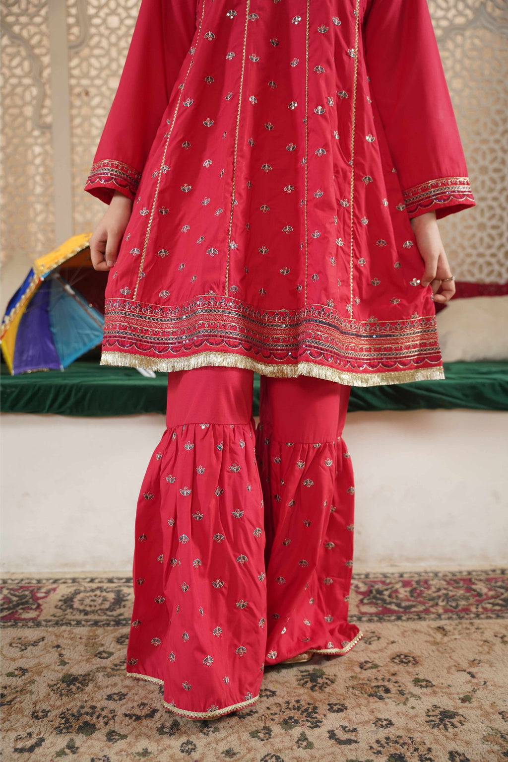 Girls Pink Cotton Embroidered Ethnic Suit with Net Dupatta – Festive & Party Wear