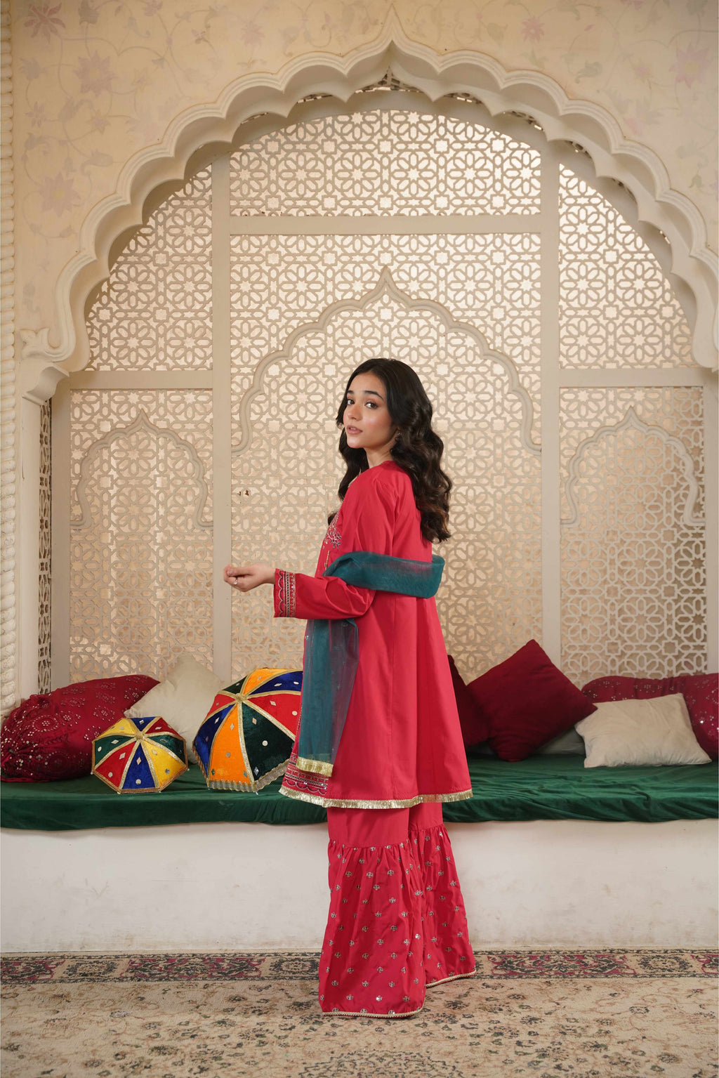 Girls Pink Cotton Embroidered Ethnic Suit with Net Dupatta – Festive & Party Wear