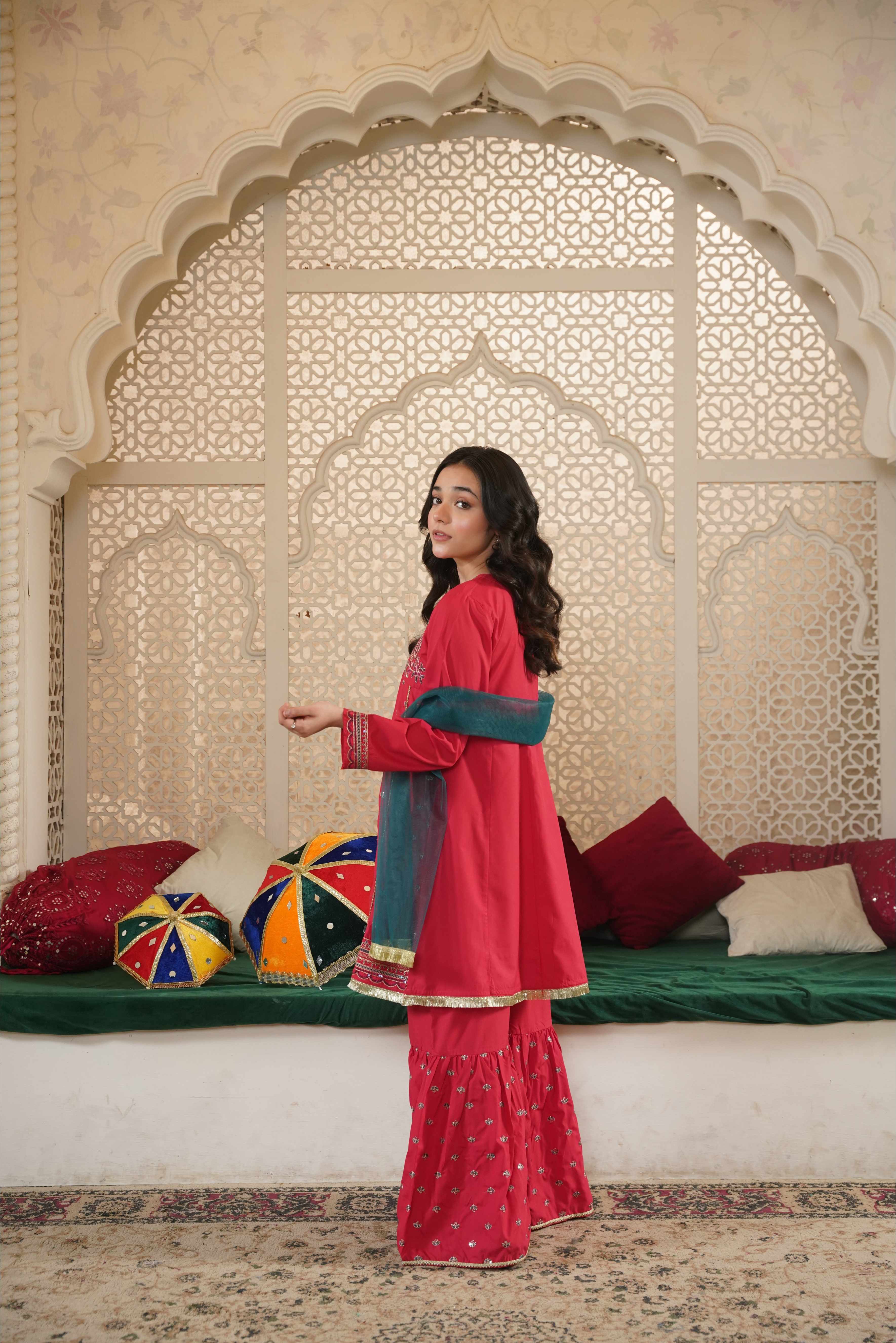 Girls Pink Cotton Embroidered Ethnic Suit with Net Dupatta – Festive & Party Wear