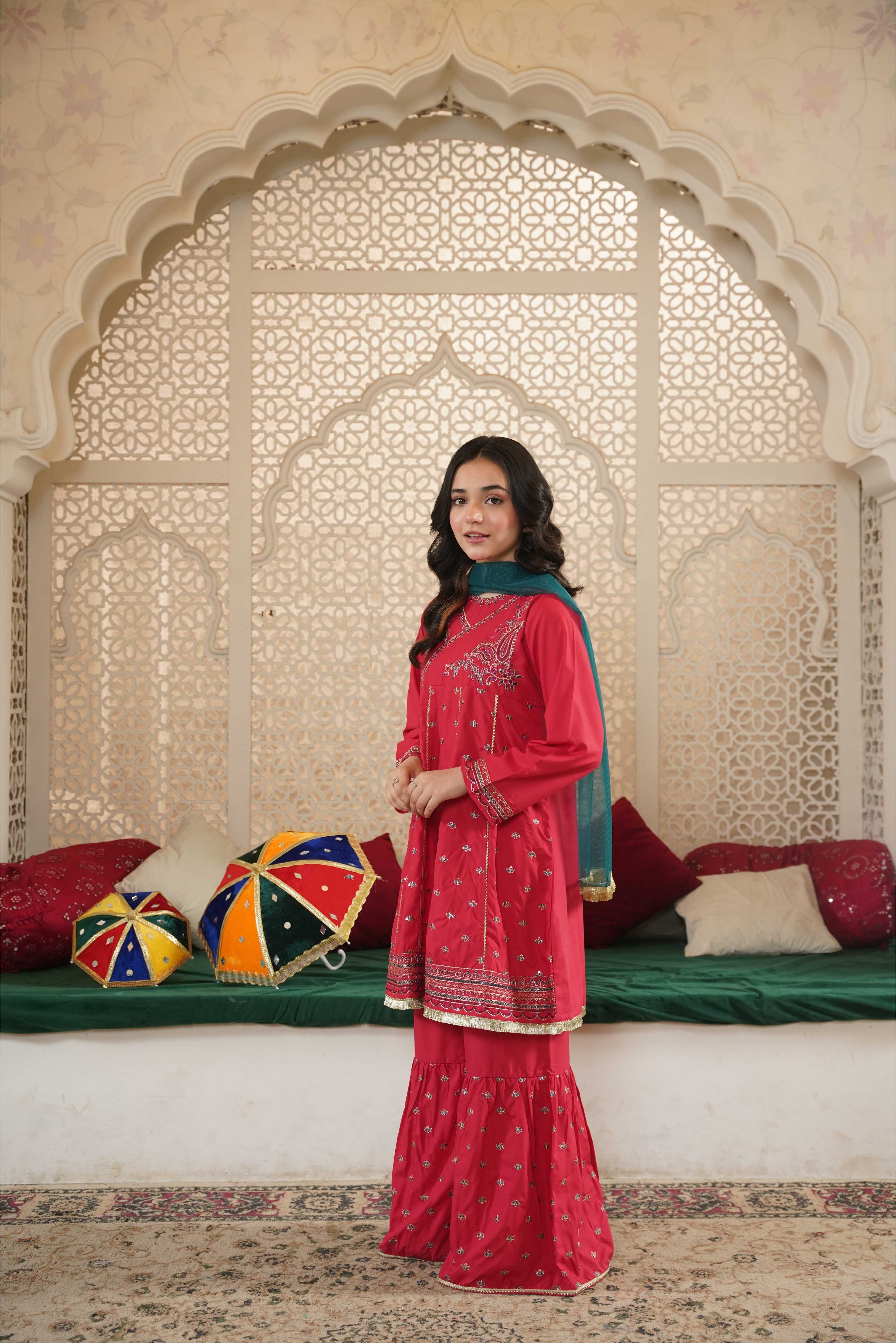 Girls Pink Cotton Embroidered Ethnic Suit with Net Dupatta – Festive & Party Wear