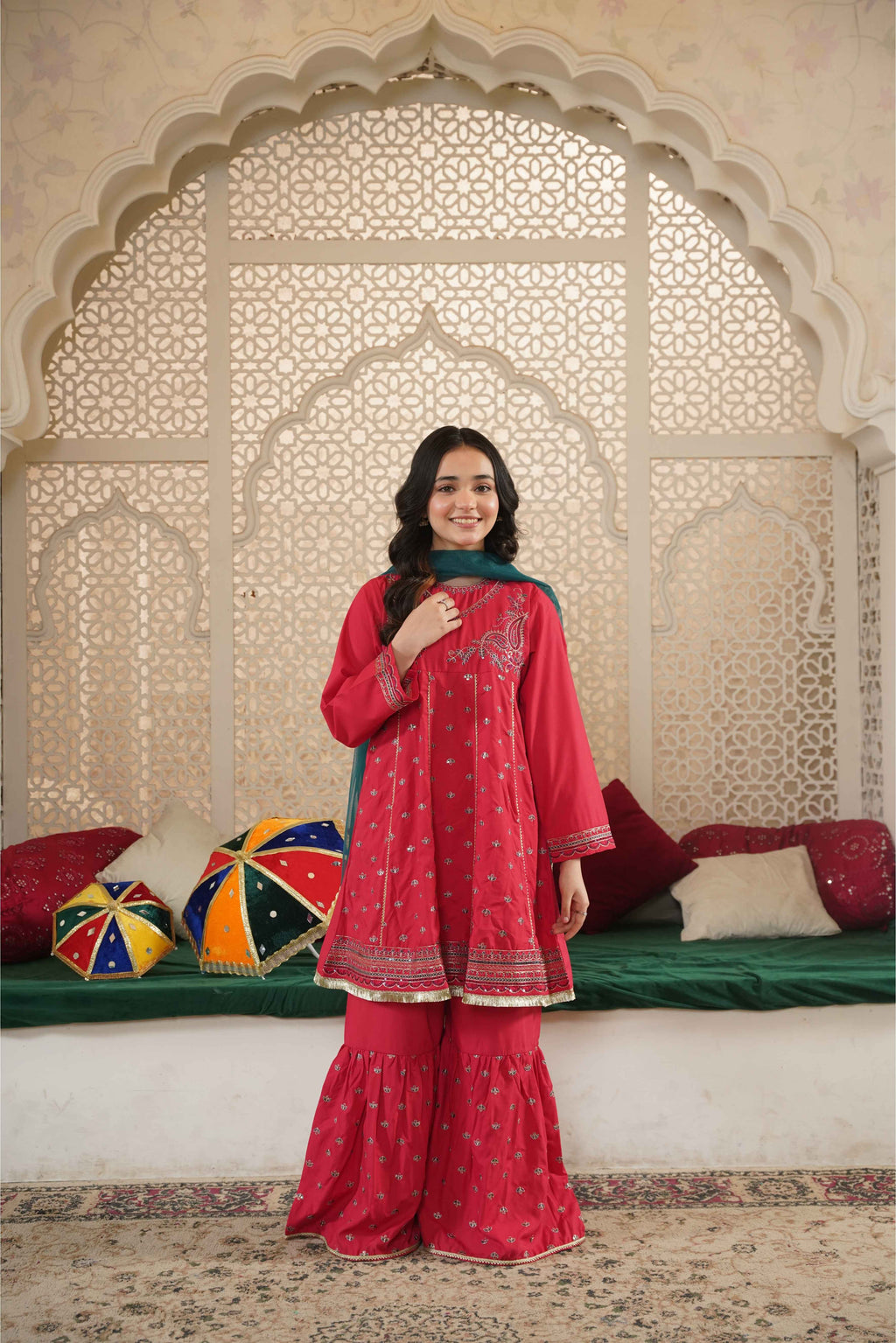 Girls Pink Cotton Embroidered Ethnic Suit with Net Dupatta – Festive & Party Wear