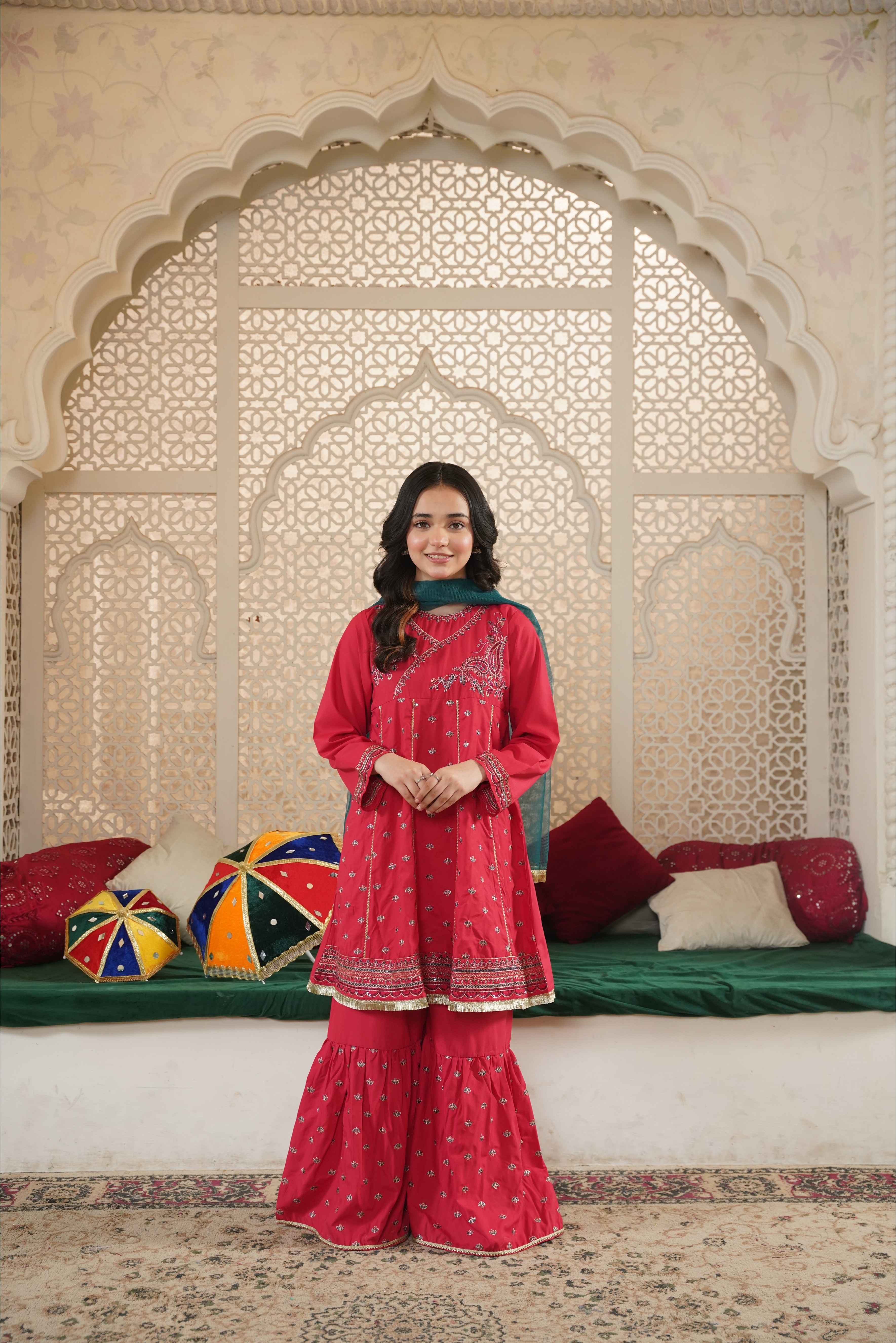 Girls Pink Cotton Embroidered Ethnic Suit with Net Dupatta – Festive & Party Wear