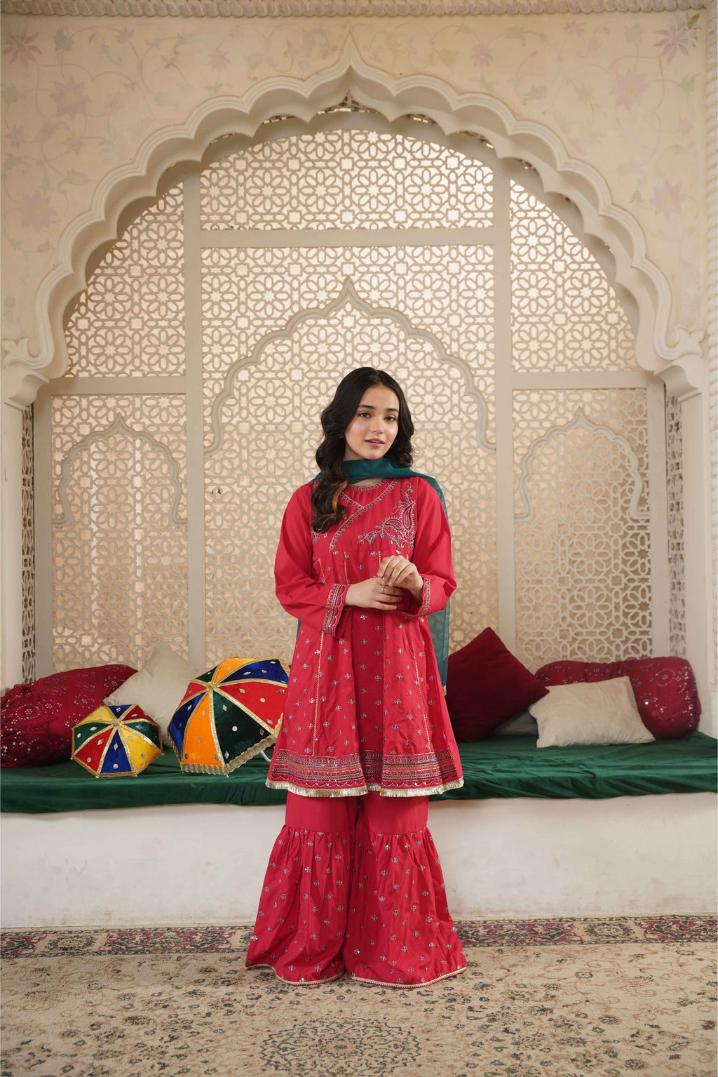 Girls Pink Cotton Embroidered Ethnic Suit with Net Dupatta – Festive & Party Wear