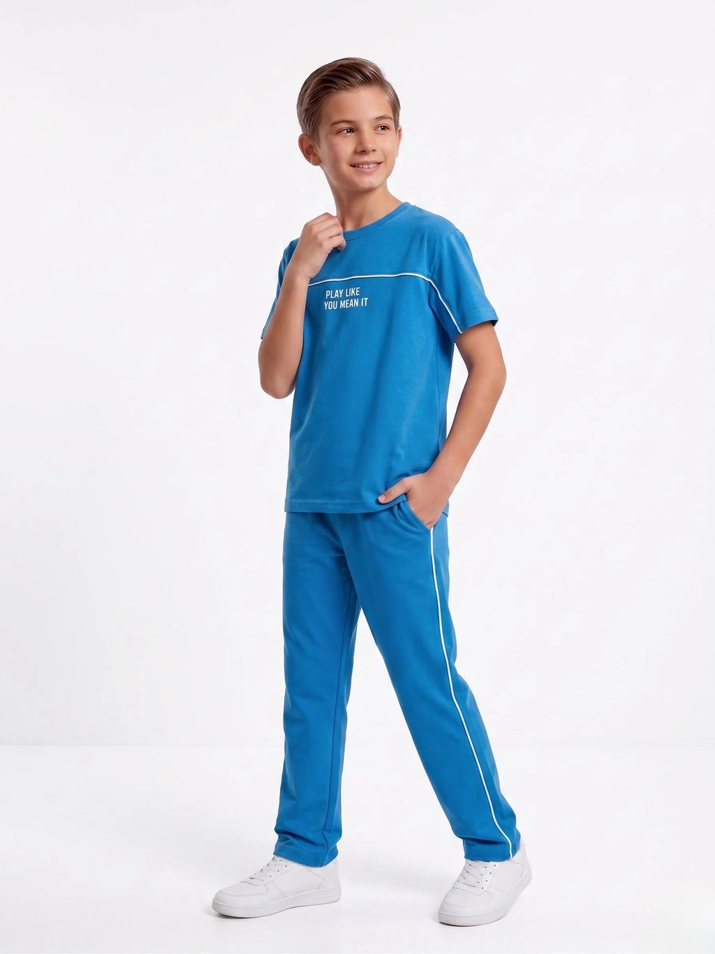 Boys Casual Blue Tracksuit – Breathable Cotton T-Shirt & Joggers | Stylish Kids Set
