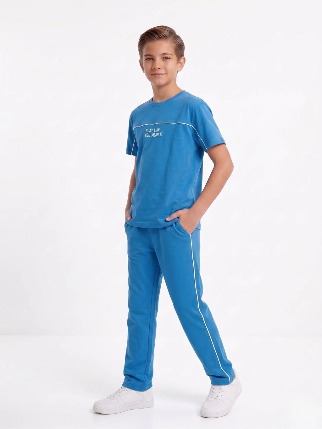Boys Casual Blue Tracksuit – Breathable Cotton T-Shirt & Joggers | Stylish Kids Set