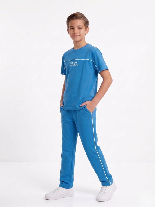 Boys Casual Blue Tracksuit – Breathable Cotton T-Shirt & Joggers | Stylish Kids Set