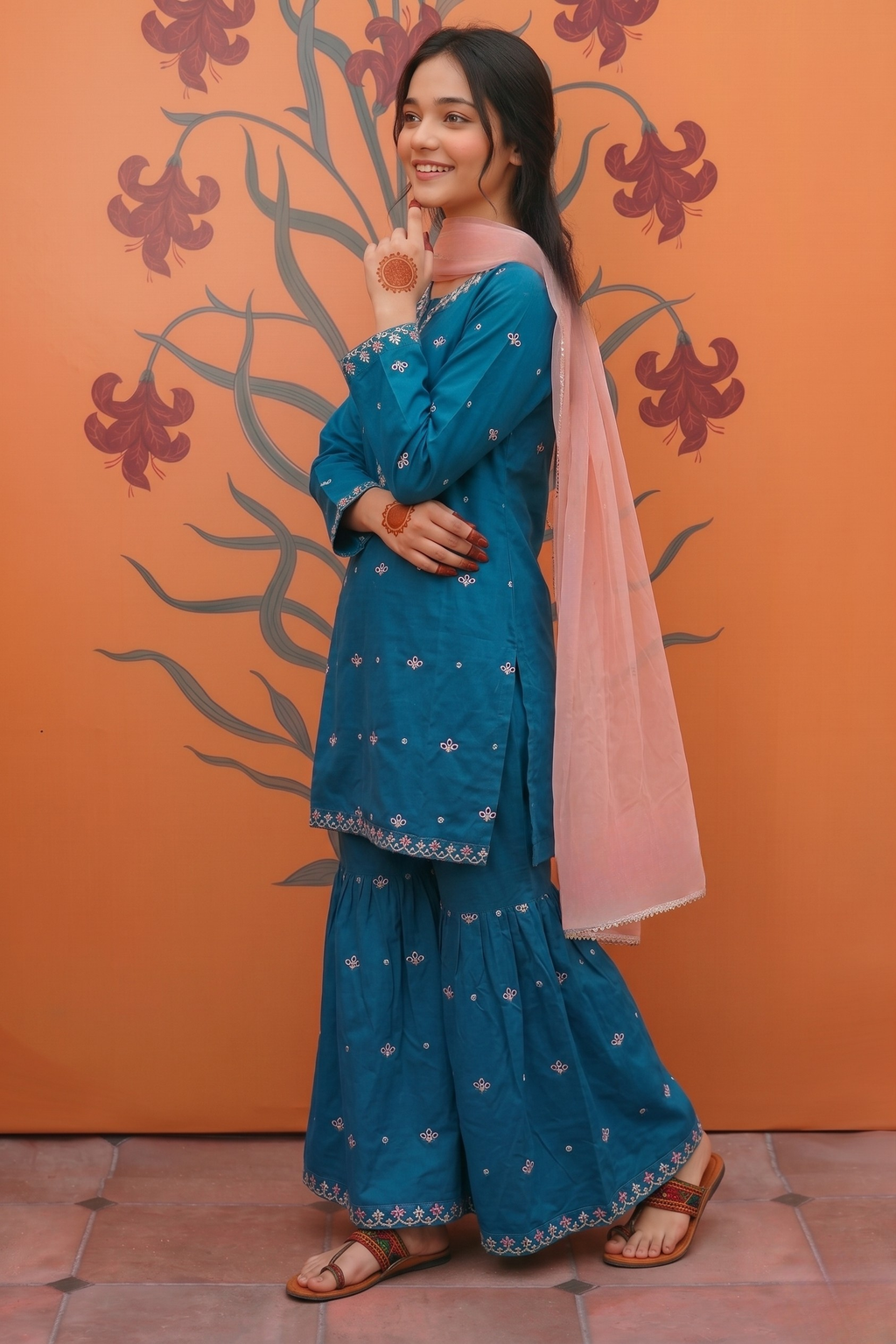 Kids Blue 3PC Suit with Sequence Boring Embroidery – Cotton Dress with Contrast Pink Dupatta