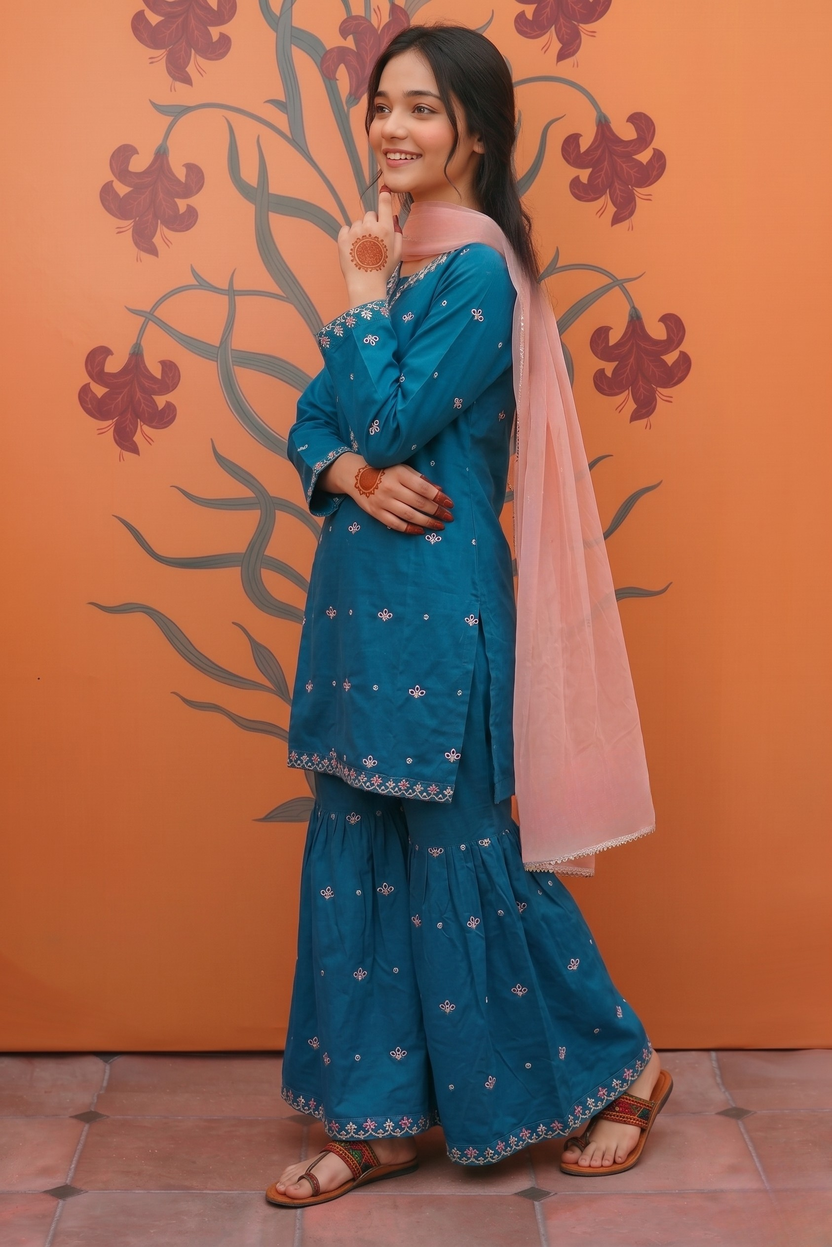 Kids Blue 3PC Suit with Sequence Boring Embroidery – Cotton Dress with Contrast Pink Dupatta