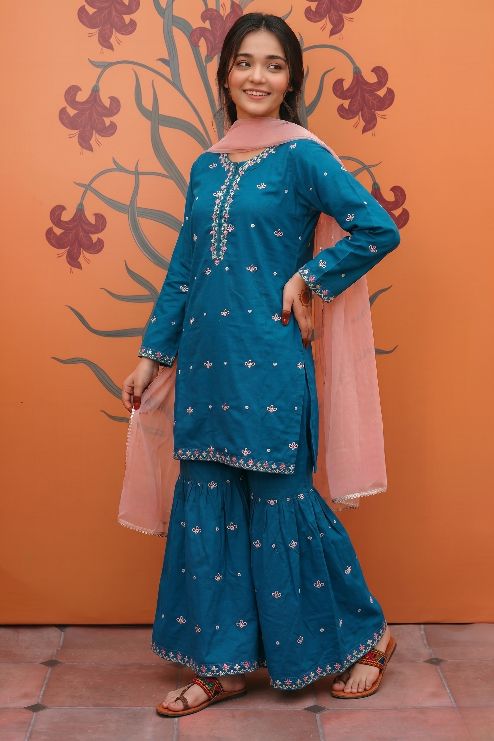 Kids Blue 3PC Suit with Sequence Boring Embroidery – Cotton Dress with Contrast Pink Dupatta