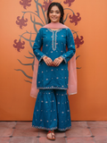 Kids Blue 3PC Suit with Sequence Boring Embroidery – Cotton Dress with Contrast Pink Dupatta