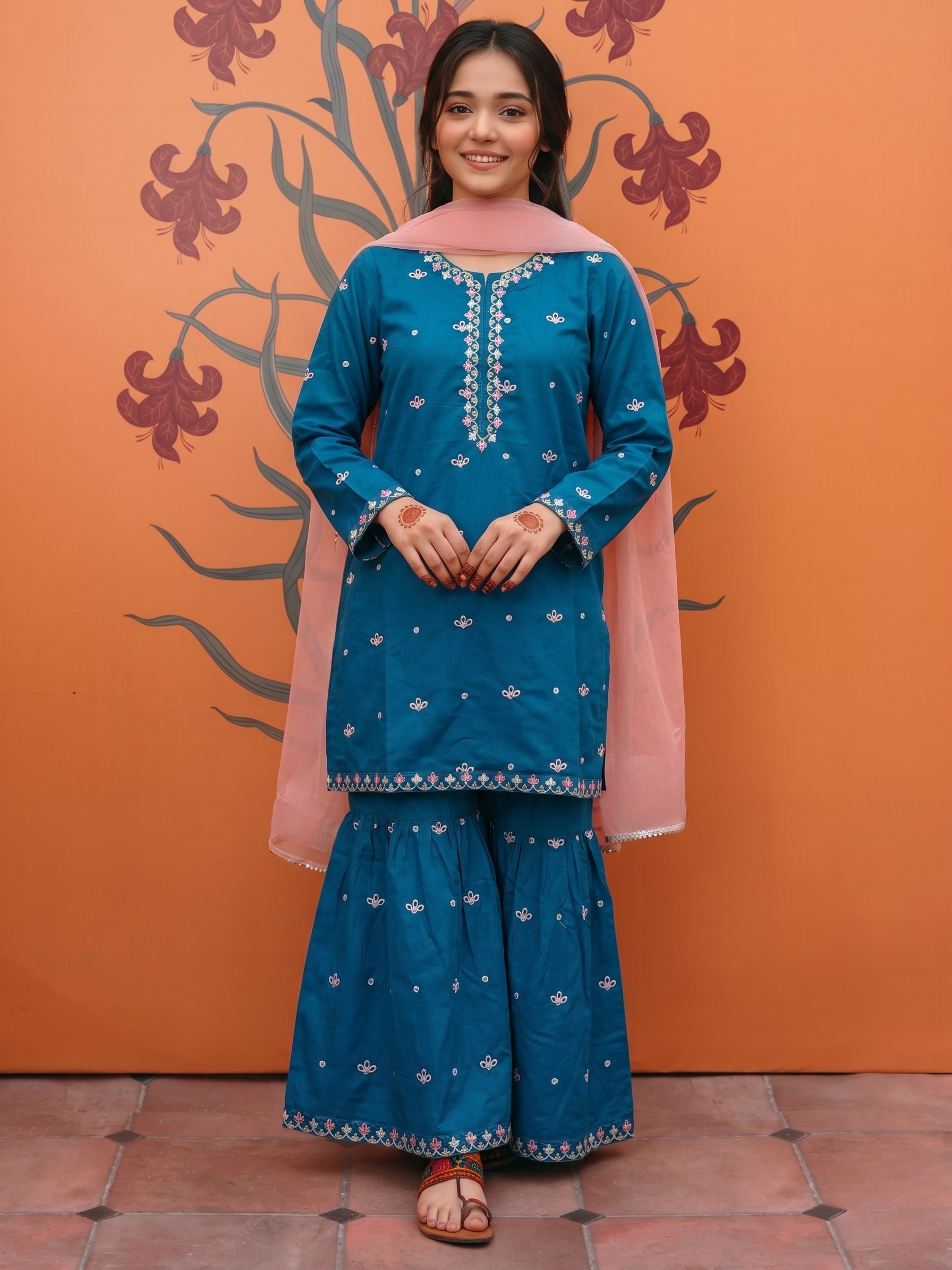 Kids Blue 3PC Suit with Sequence Boring Embroidery – Cotton Dress with Contrast Pink Dupatta