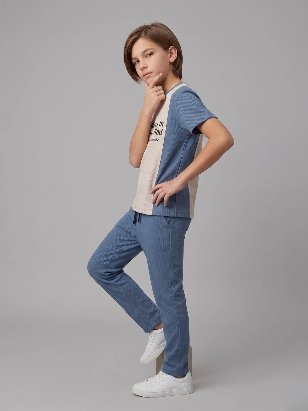 Boys Blue & Beige Ribbed Co-Ord Set – Printed Half Sleeve T-Shirt with Matching Trouser for Kids Casual Wear