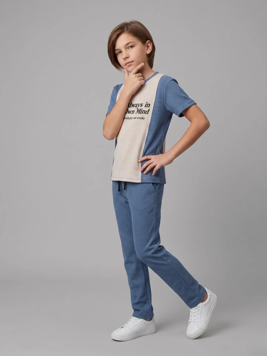 Boys Blue & Beige Ribbed Co-Ord Set – Printed Half Sleeve T-Shirt with Matching Trouser for Kids Casual Wear