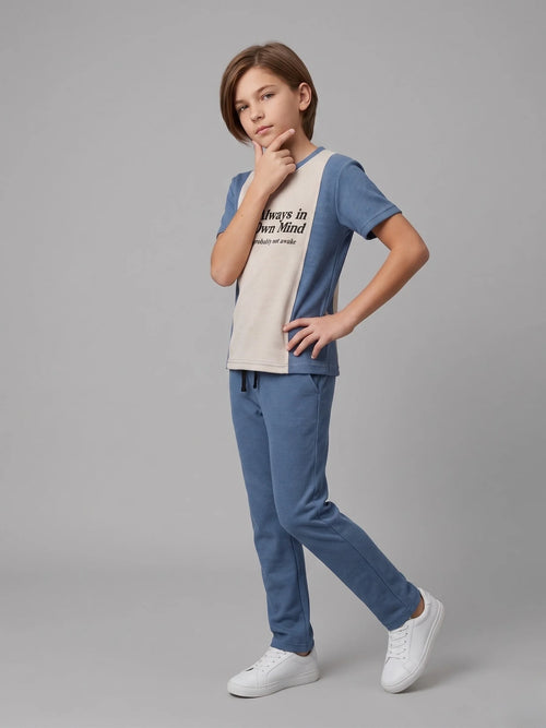 Boys Blue & Beige Ribbed Co-Ord Set – Printed Half Sleeve T-Shirt with Matching Trouser for Kids Casual Wear