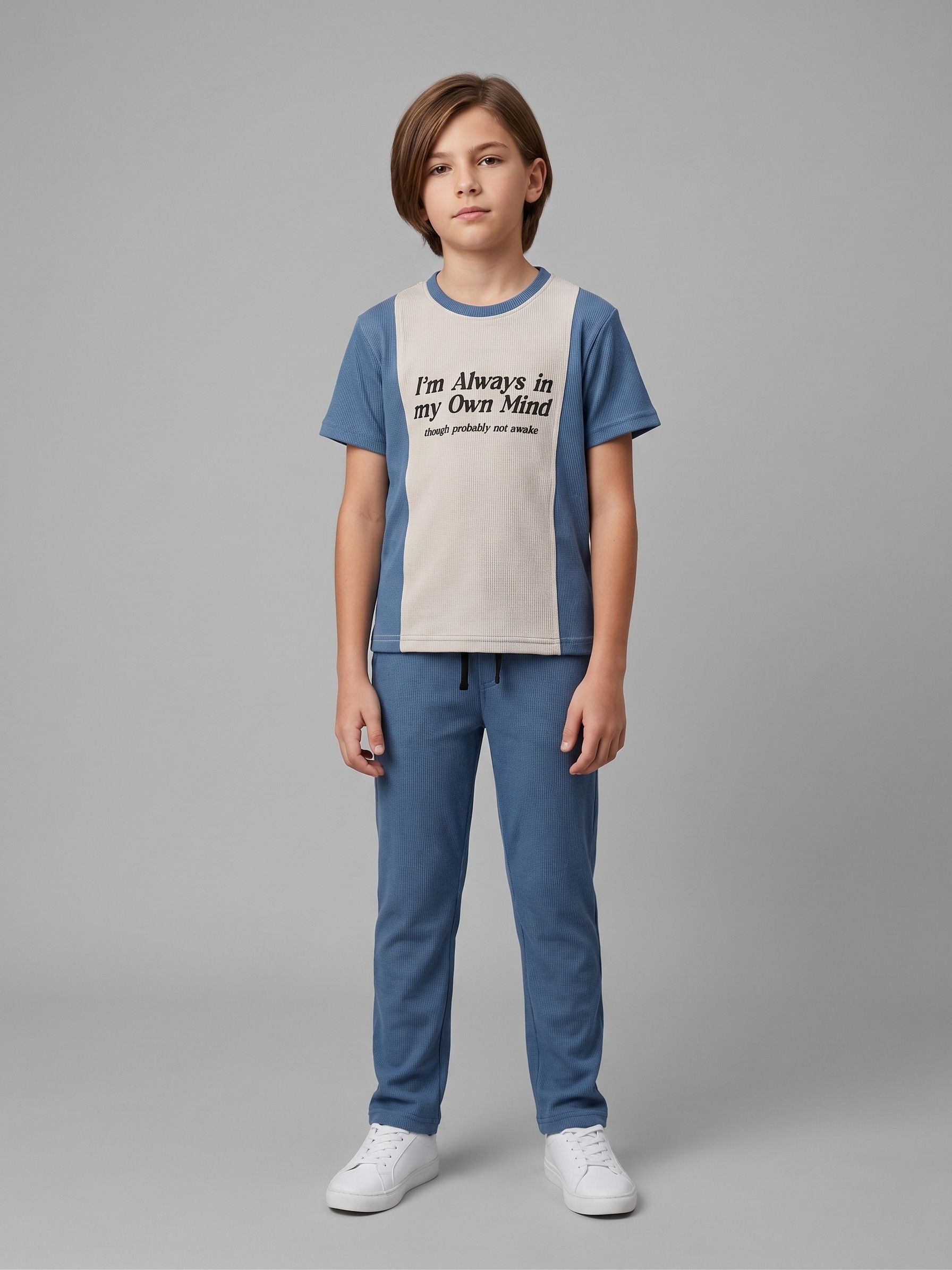 Boys Blue & Beige Ribbed Co-Ord Set – Printed Half Sleeve T-Shirt with Matching Trouser for Kids Casual Wear