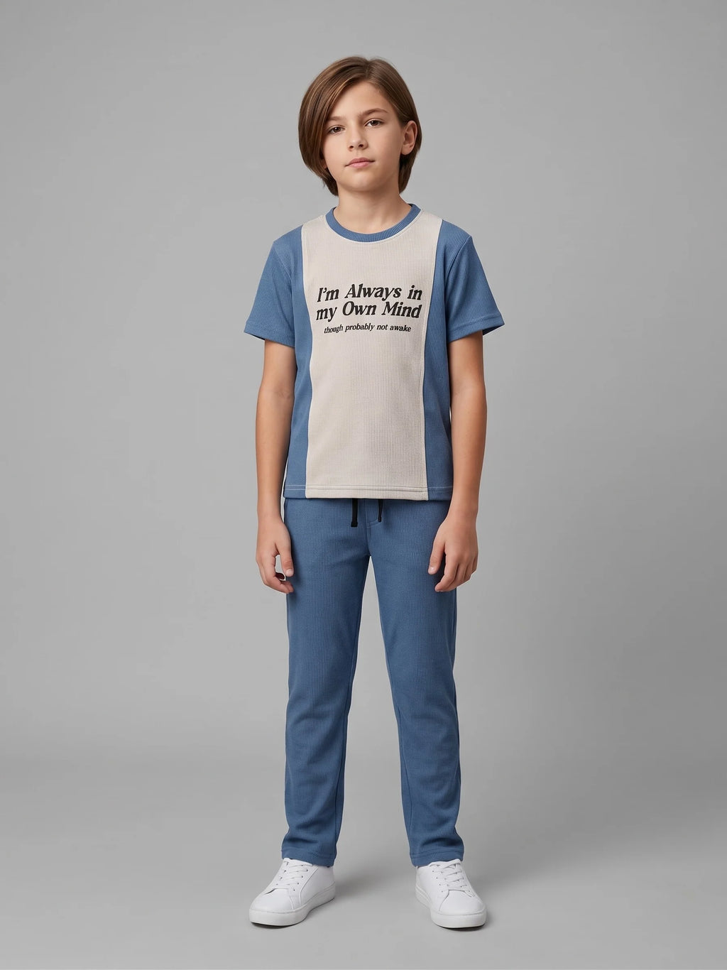 Boys Blue & Beige Ribbed Co-Ord Set – Printed Half Sleeve T-Shirt with Matching Trouser for Kids Casual Wear