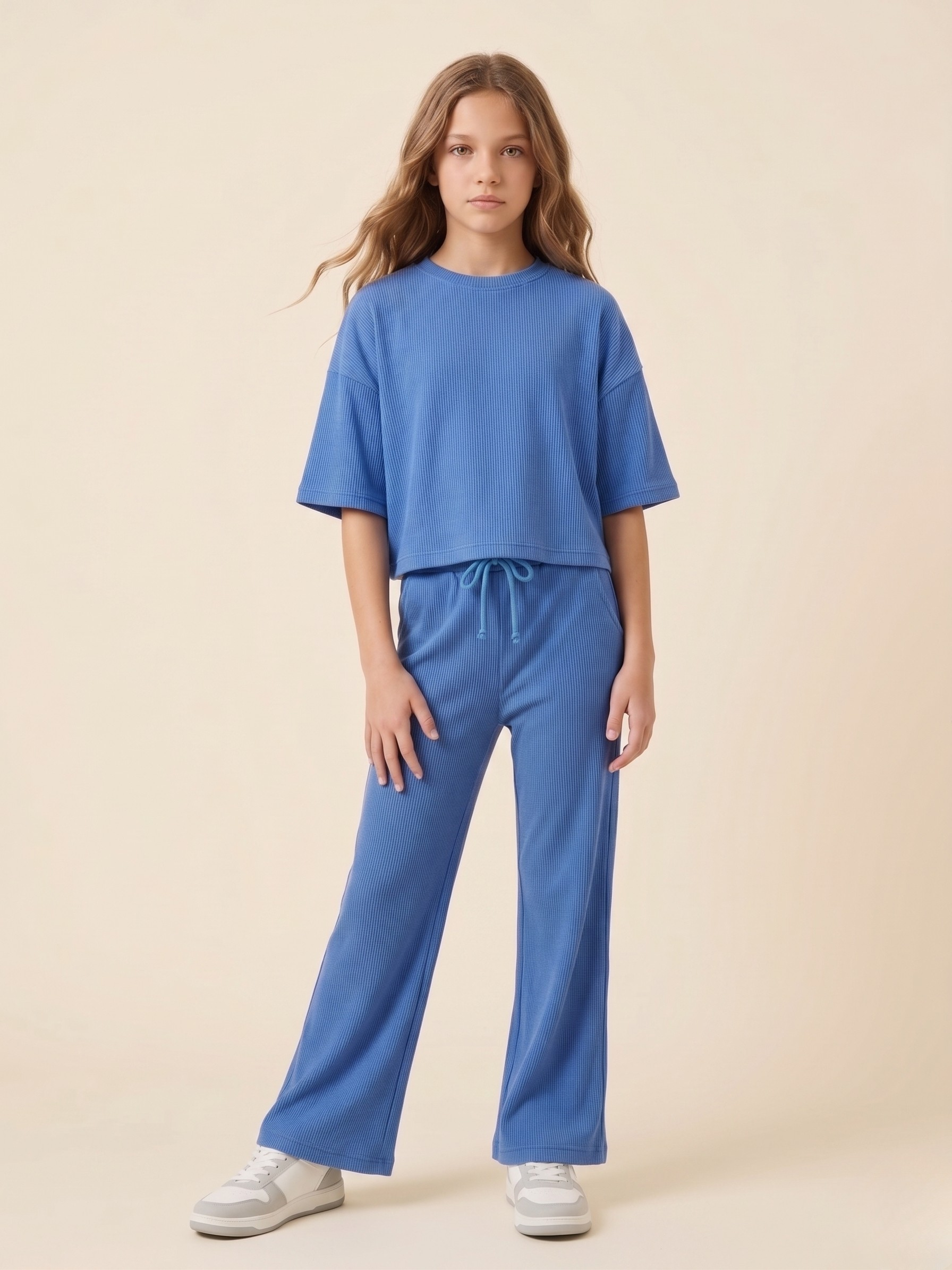Girls Ribbed Knit Co-ord Set - Oversized Boxy Tee & Wide Leg Pants Lounge Set