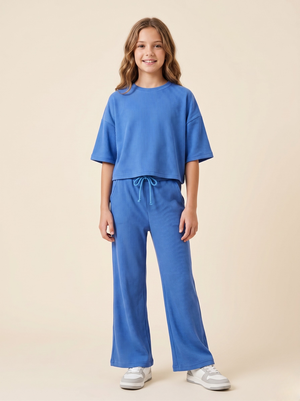 Girls Ribbed Knit Co-ord Set - Oversized Boxy Tee & Wide Leg Pants Lounge Set