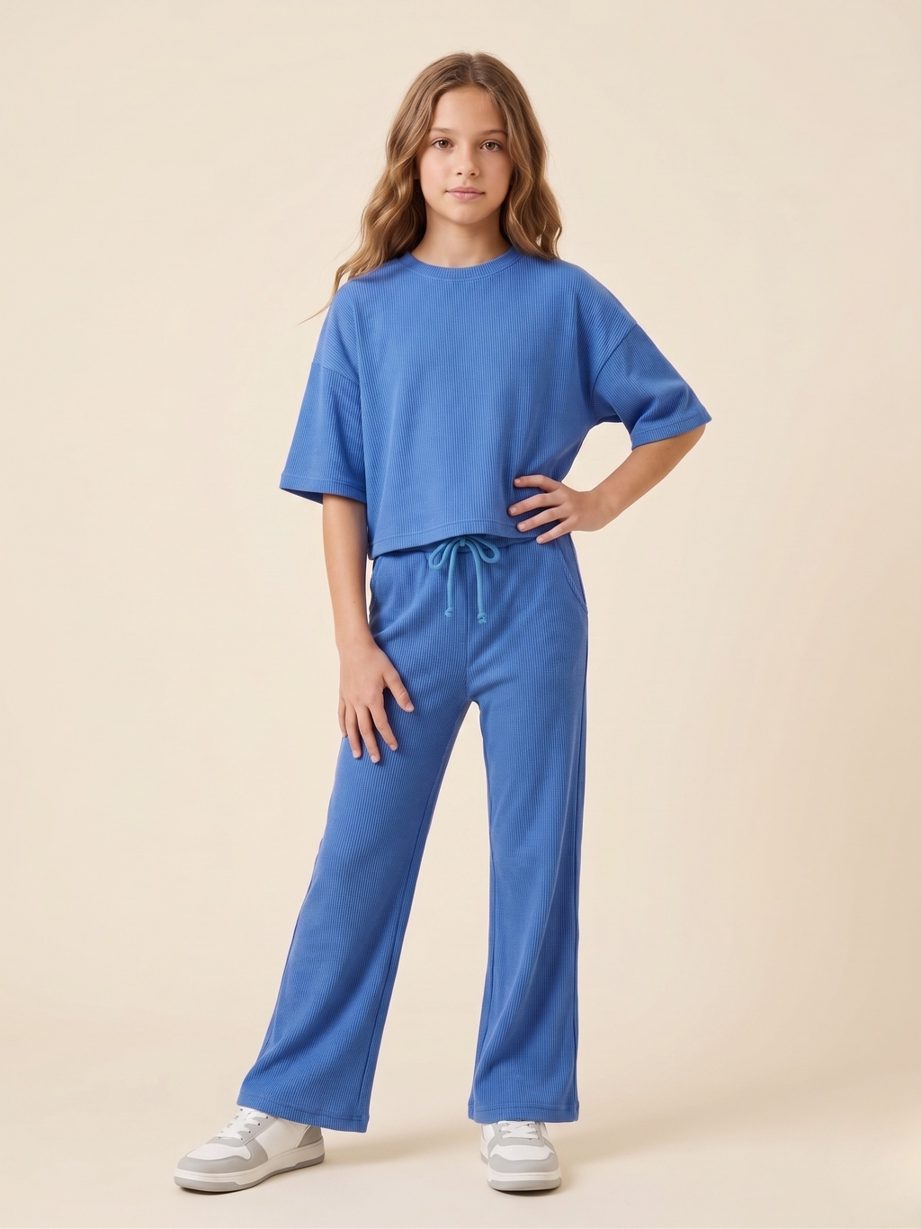 Girls Ribbed Knit Co-ord Set - Oversized Boxy Tee & Wide Leg Pants Lounge Set