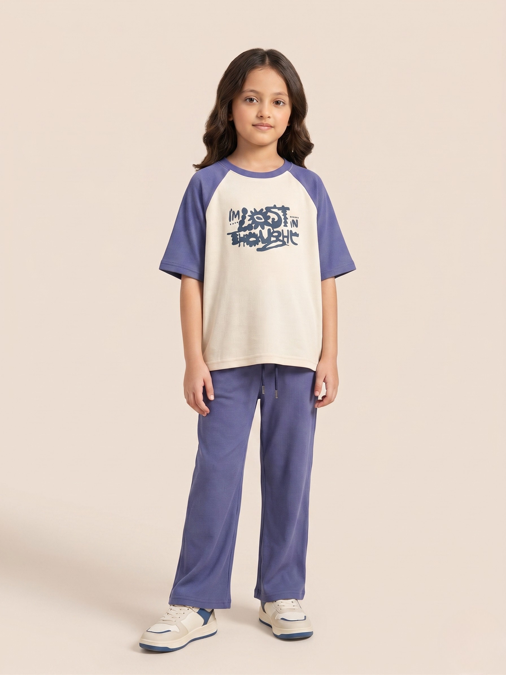 Premium Girls’ Ribbed Knit Summer Co-ord – Oversized Graphic Shirt with Straight Wide-Leg Trousers
