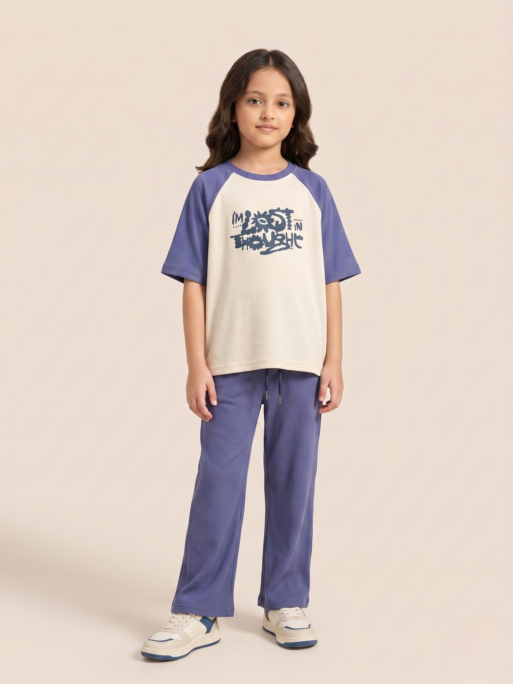 Premium Girls’ Ribbed Knit Summer Co-ord – Oversized Graphic Shirt with Straight Wide-Leg Trousers