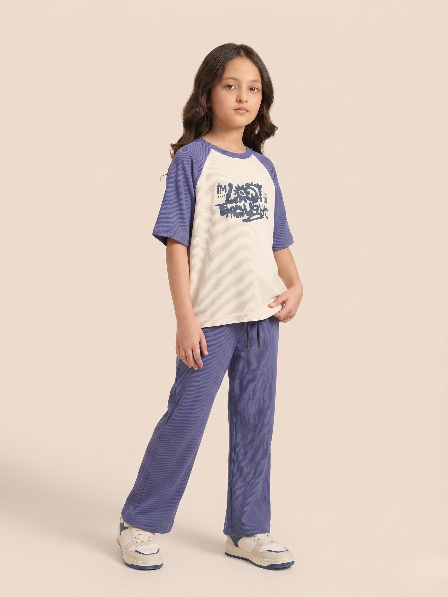 Premium Girls’ Ribbed Knit Summer Co-ord – Oversized Graphic Shirt with Straight Wide-Leg Trousers