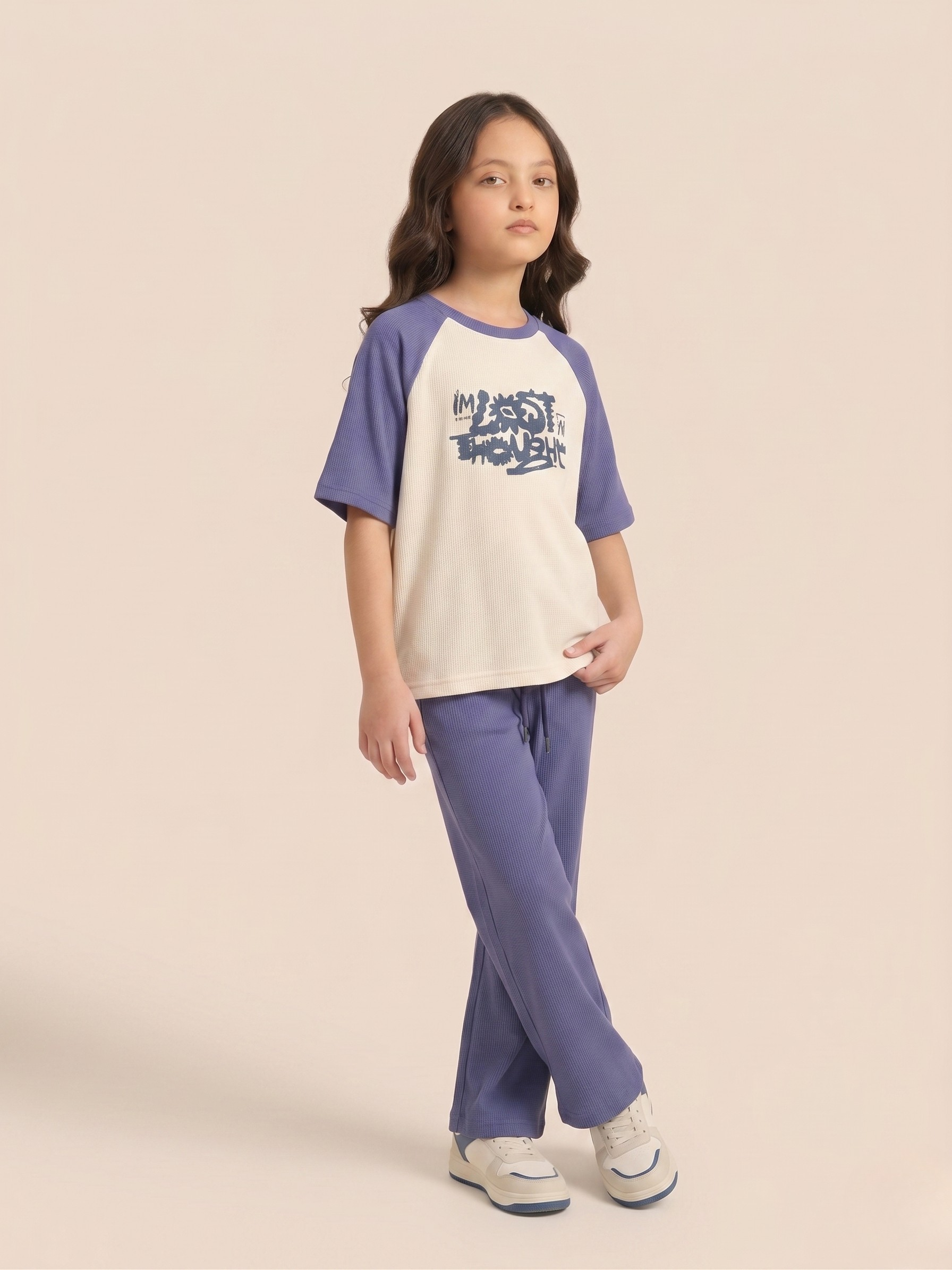 Premium Girls’ Ribbed Knit Summer Co-ord – Oversized Graphic Shirt with Straight Wide-Leg Trousers