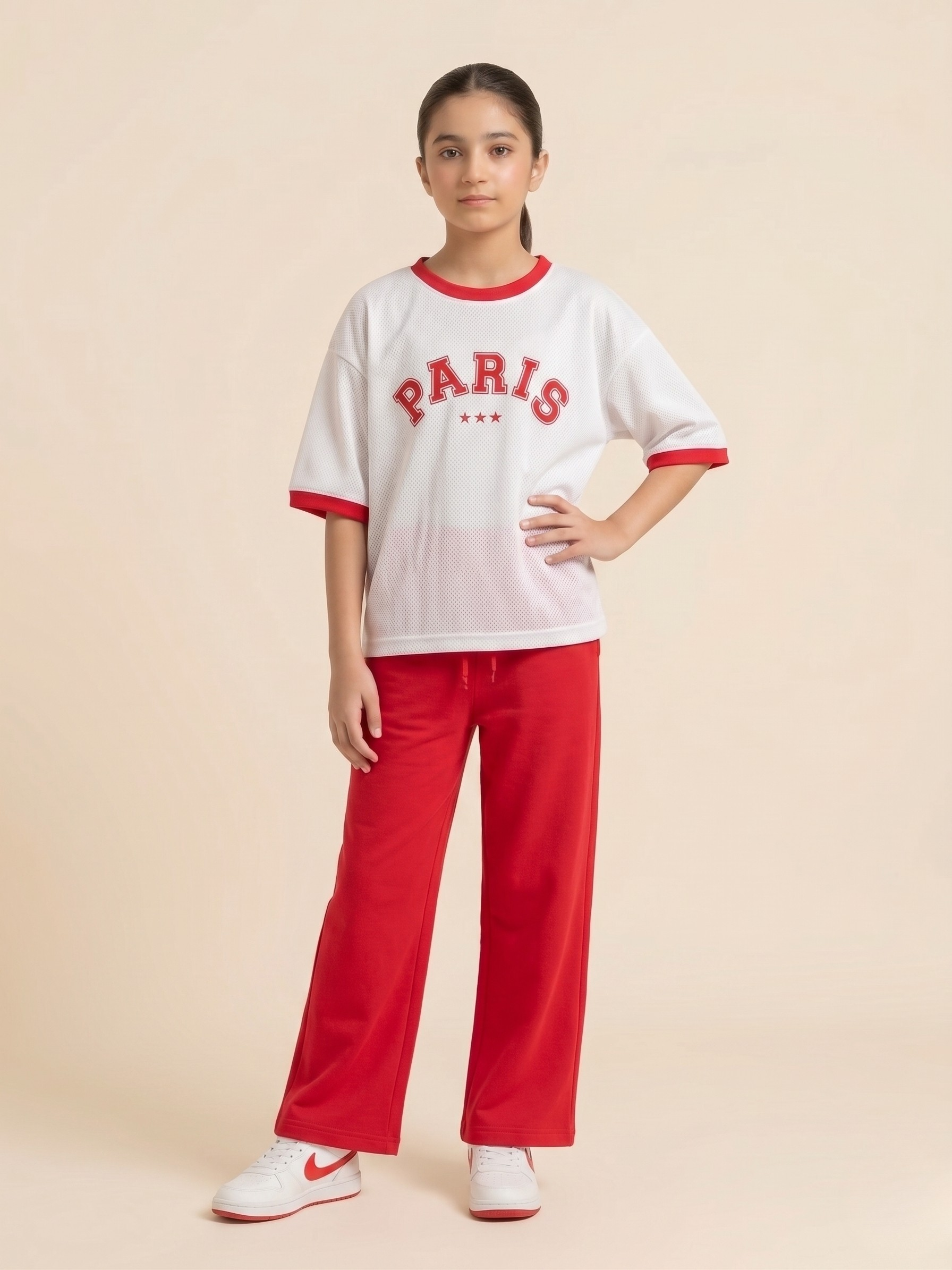 Girls' 2-Piece "Paris" Oversized T-Shirt and Wide-Leg Trouser Set – Red & White Sports Luxe Loungewear