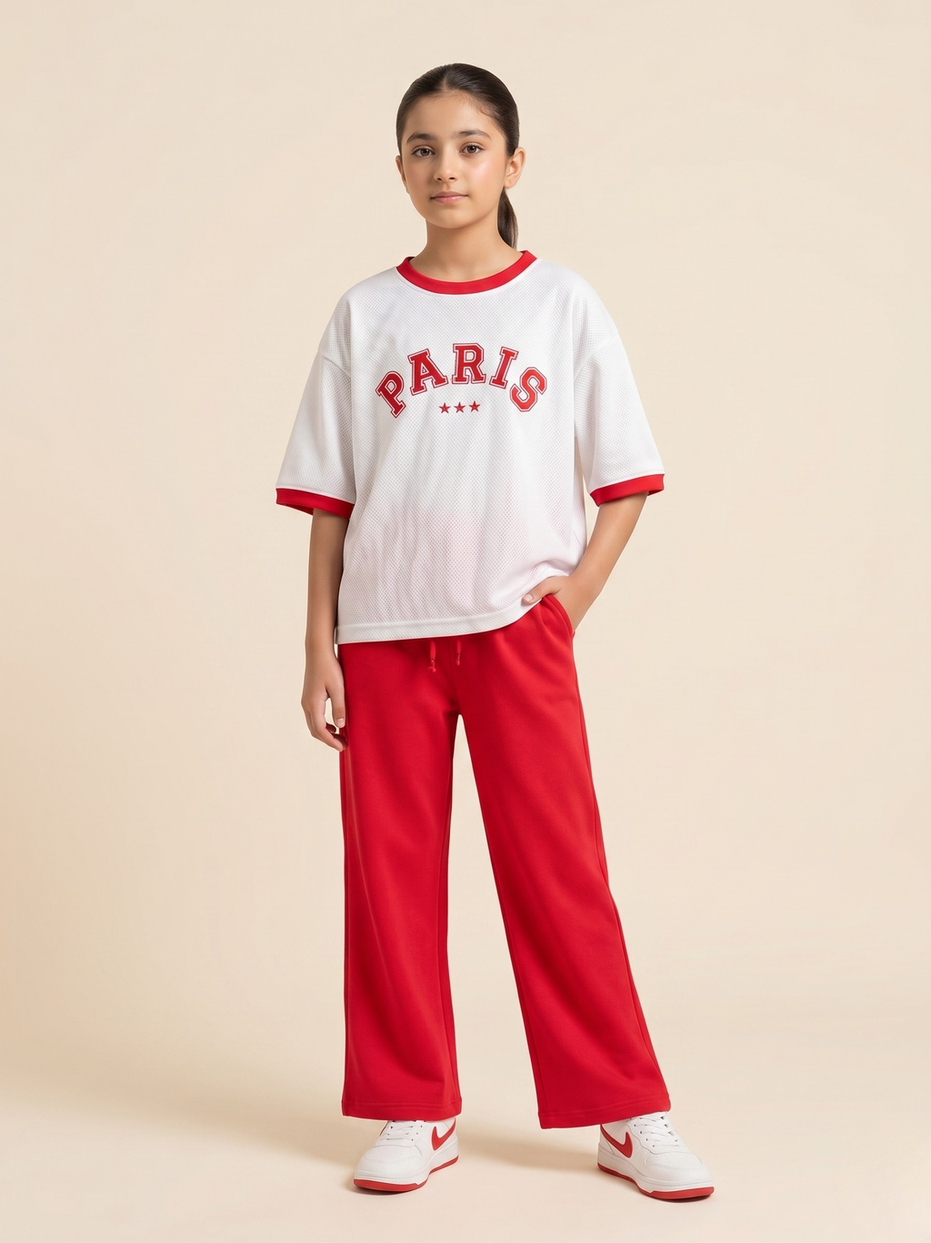 Girls' 2-Piece "Paris" Oversized T-Shirt and Wide-Leg Trouser Set – Red & White Sports Luxe Loungewear