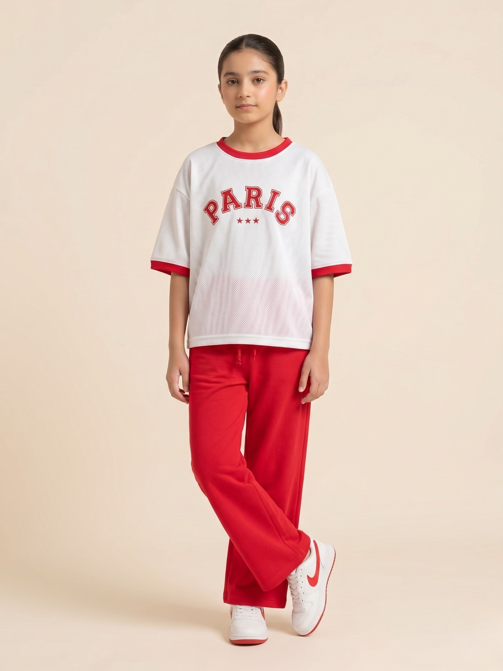Girls' 2-Piece "Paris" Oversized T-Shirt and Wide-Leg Trouser Set – Red & White Sports Luxe Loungewear