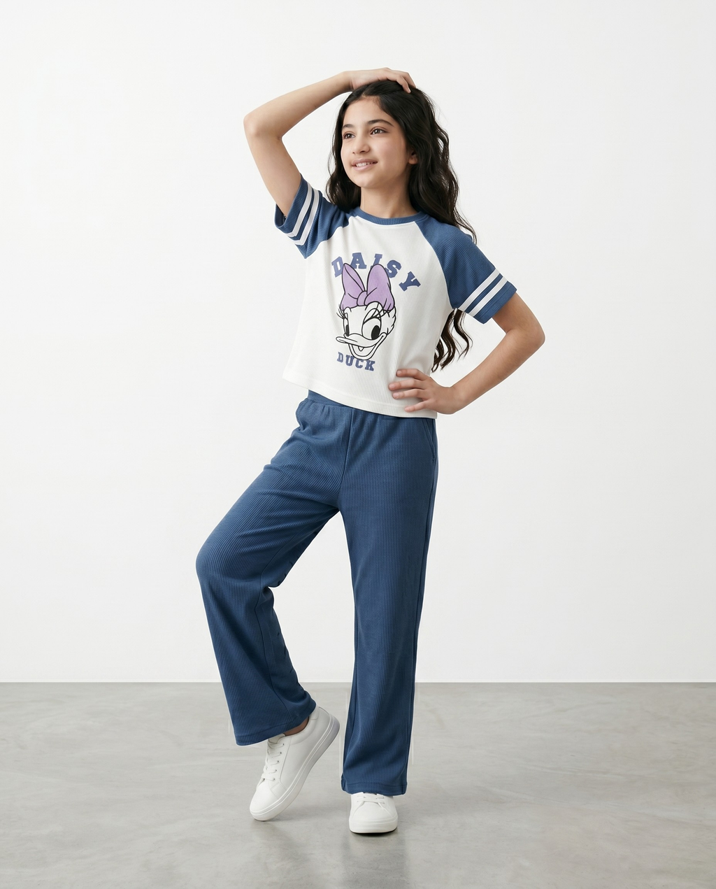 Girls Disney Daisy Duck 2-Piece Ribbed Lounge Set | Knit Raglan Tee & Wide-Leg Pants Co-Ord