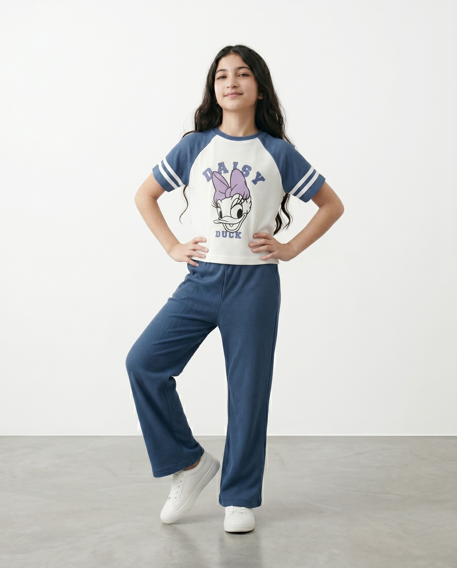 Girls Disney Daisy Duck 2-Piece Ribbed Lounge Set | Knit Raglan Tee & Wide-Leg Pants Co-Ord