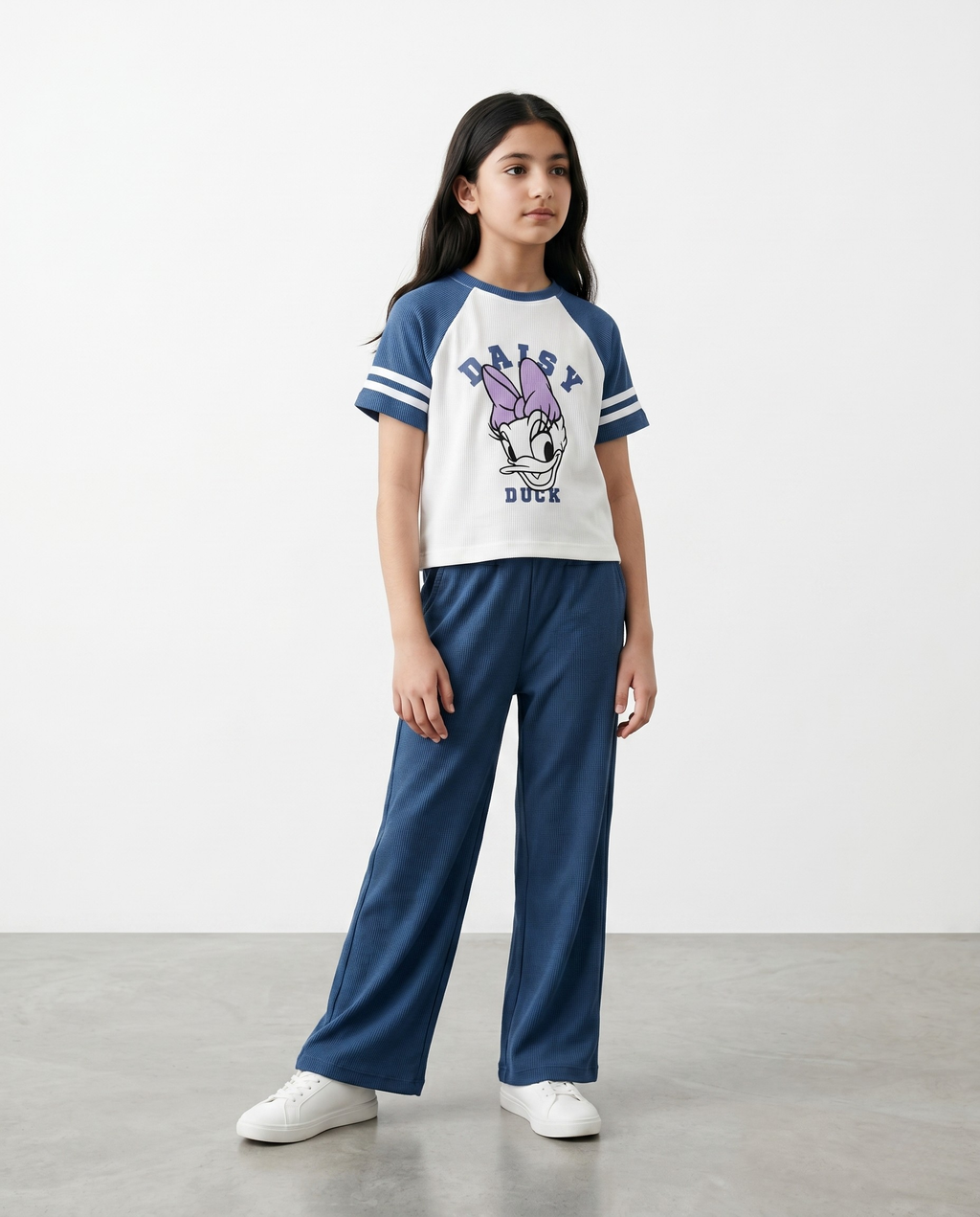 Girls Disney Daisy Duck 2-Piece Ribbed Lounge Set | Knit Raglan Tee & Wide-Leg Pants Co-Ord