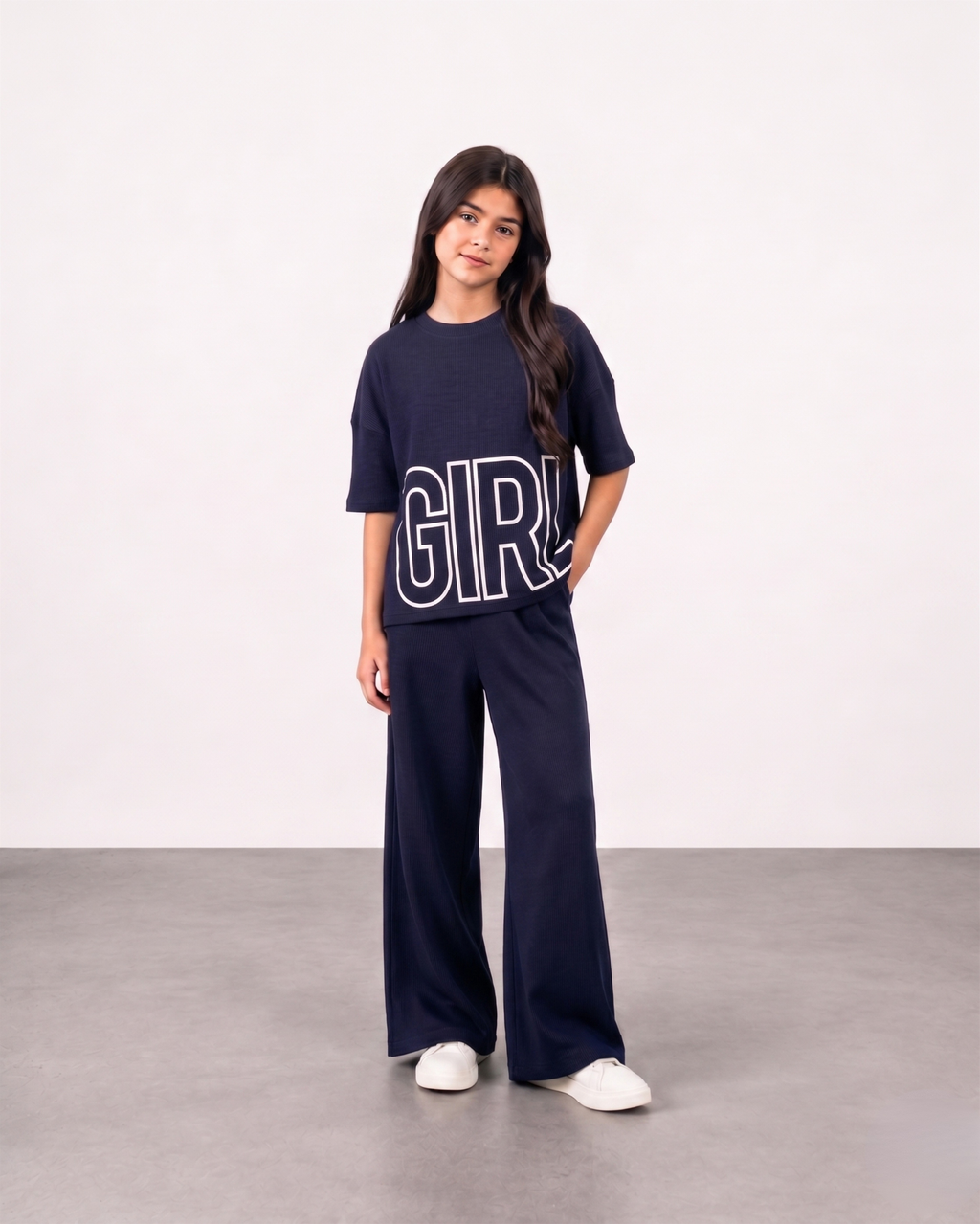 Girls Navy Blue Ribbed 2-Piece Matching Set – "GIRL" Graphic Top & Wide Leg Pants