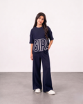 Girls Navy Blue Ribbed 2-Piece Matching Set – "GIRL" Graphic Top & Wide Leg Pants