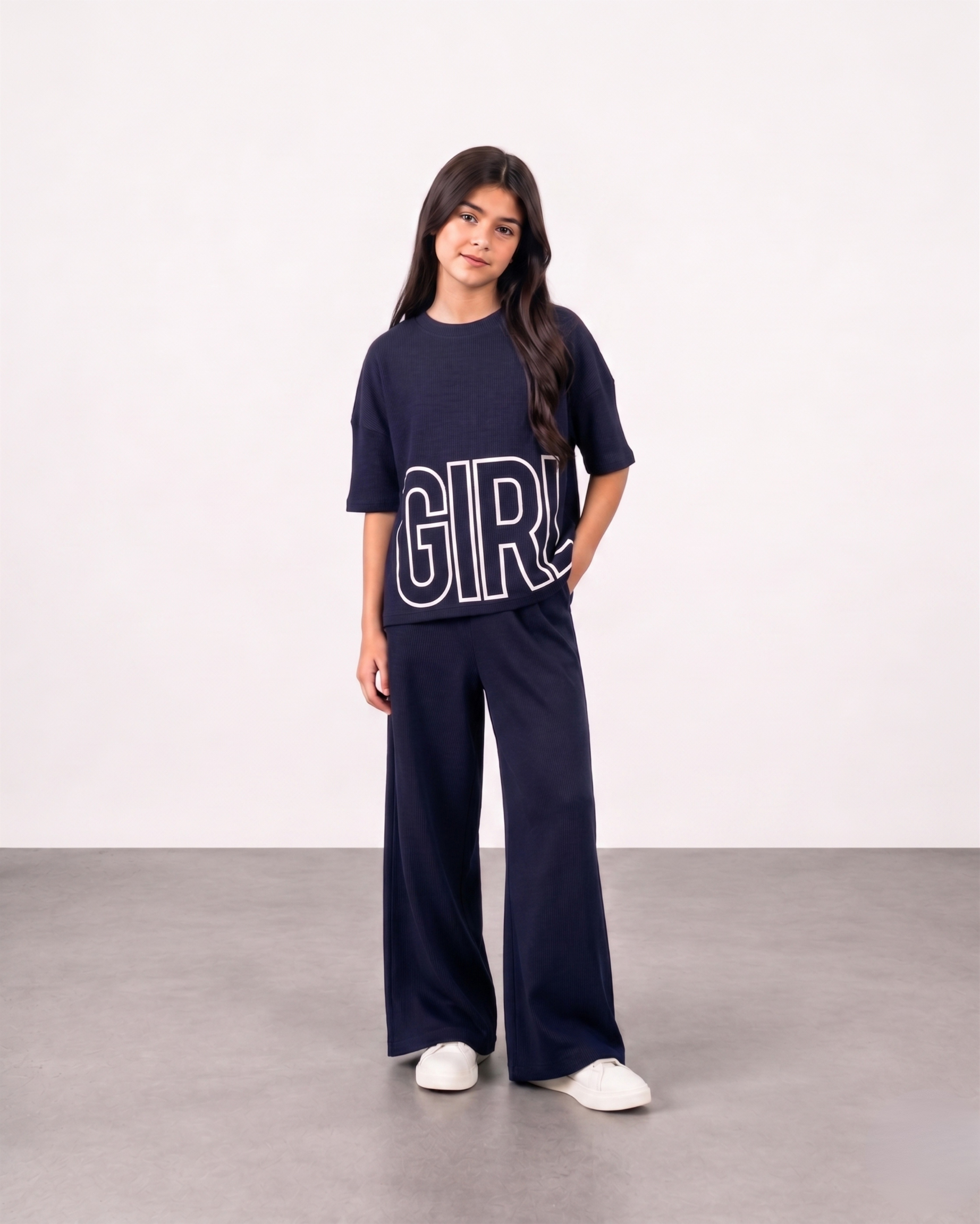 Girls Navy Blue Ribbed 2-Piece Matching Set – "GIRL" Graphic Top & Wide Leg Pants