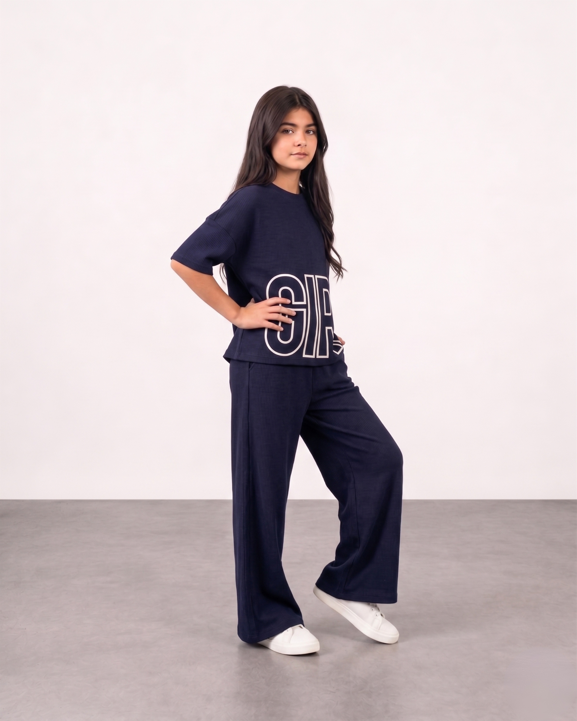 Girls Navy Blue Ribbed 2-Piece Matching Set – "GIRL" Graphic Top & Wide Leg Pants
