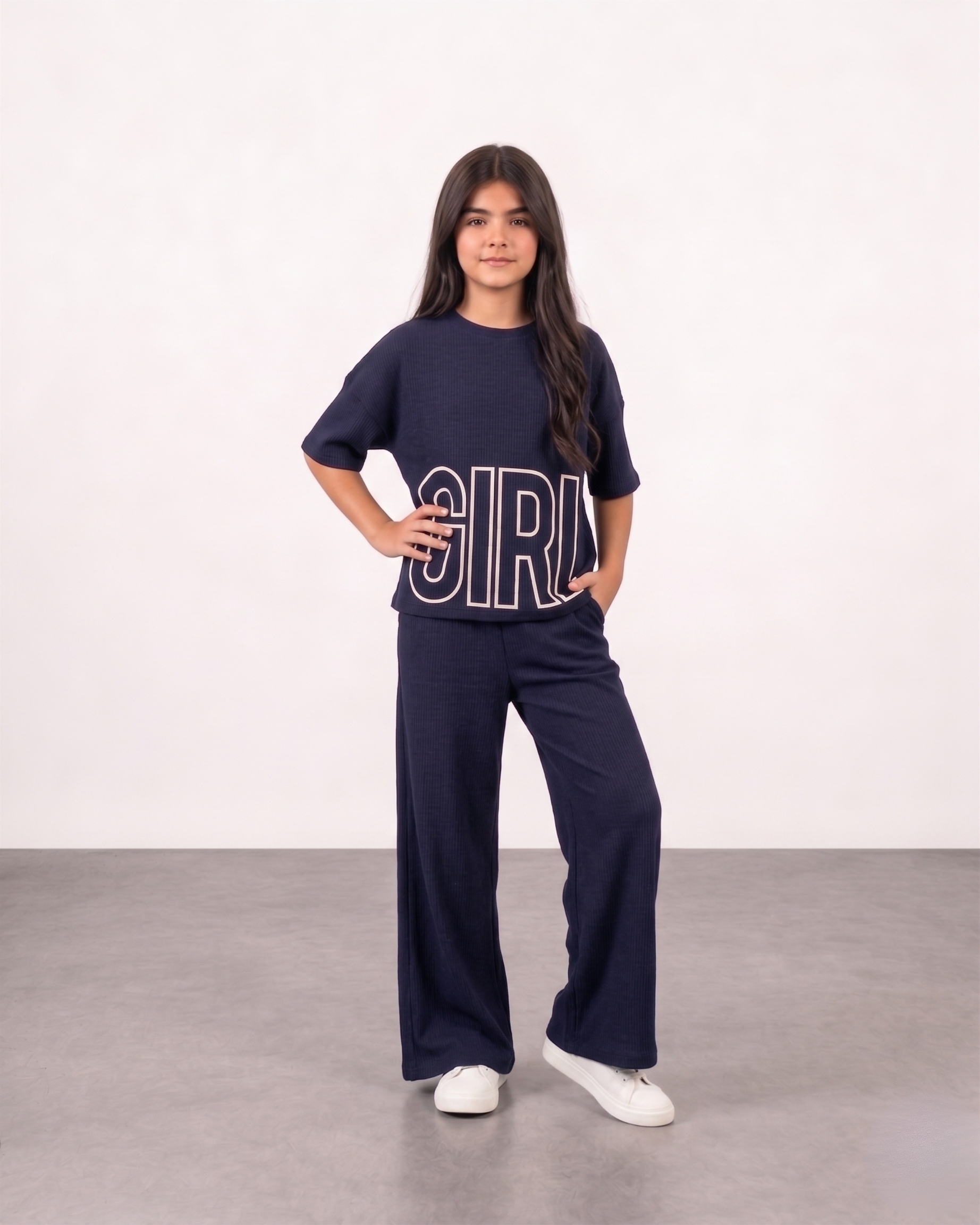 Girls Navy Blue Ribbed 2-Piece Matching Set – "GIRL" Graphic Top & Wide Leg Pants