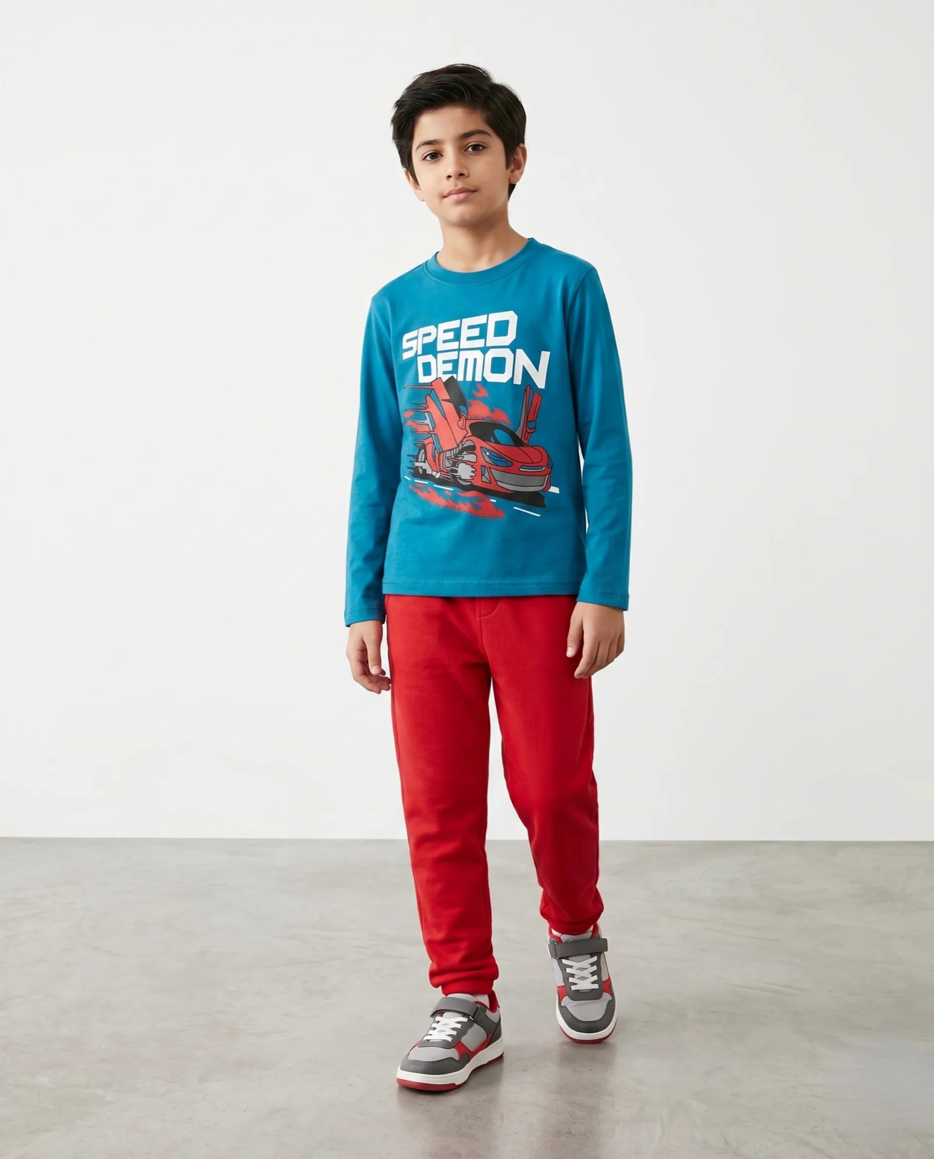 Boys 'Speed Demon' Graphic Long Sleeve T-Shirt and Red Jogger Set